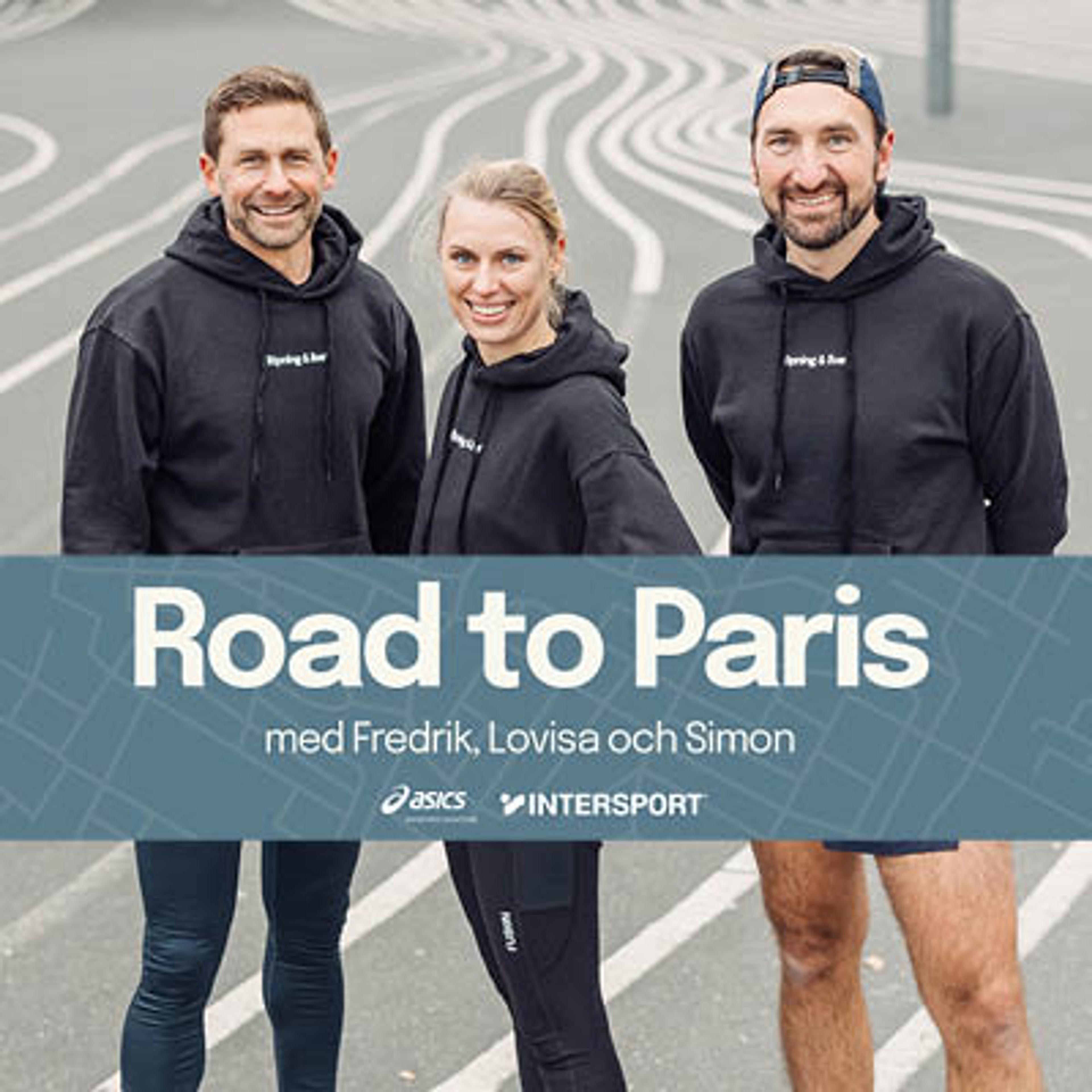 Three smiling people in black hoodies with text "Road to Paris med Fredrik, Lovisa och Simon," Asics and Intersport logos.