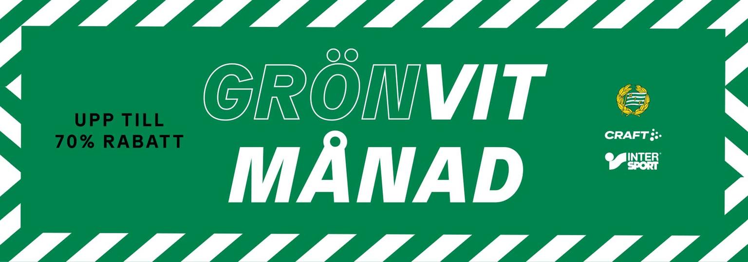 Green-White Month promotional banner offering up to 70% discount, with Hammarby IF, Craft, and Intersport logos.