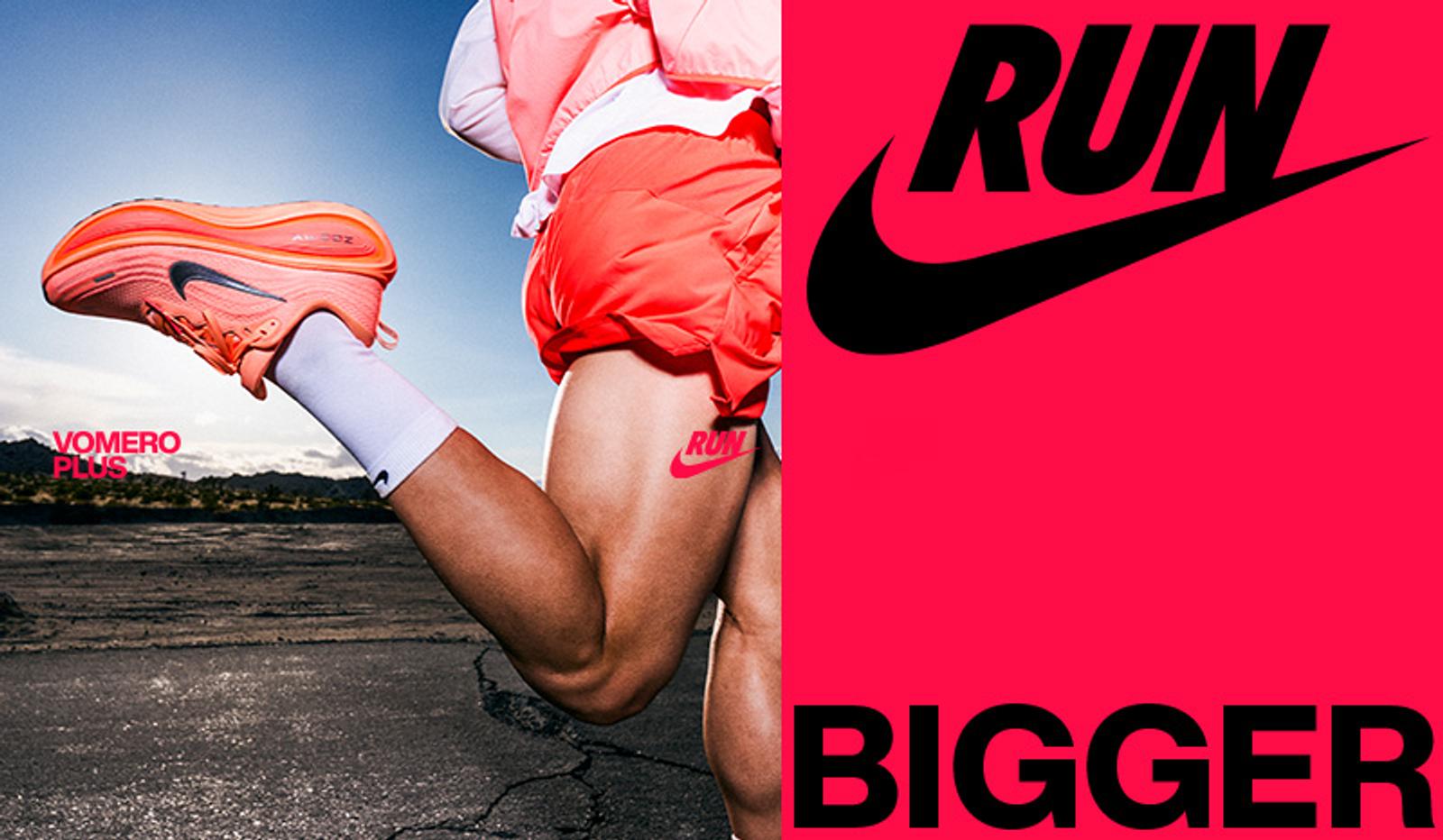 a person is running on a pink background next to a nike logo .