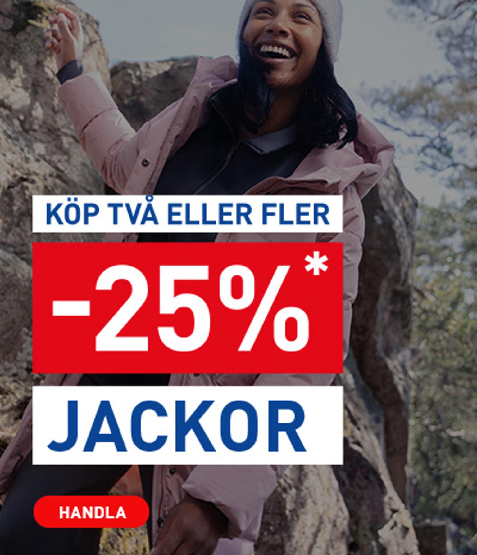 Smiling person in a winter jacket outdoors. Text: "Buy two or more jackets, get 25% off. Shop now."