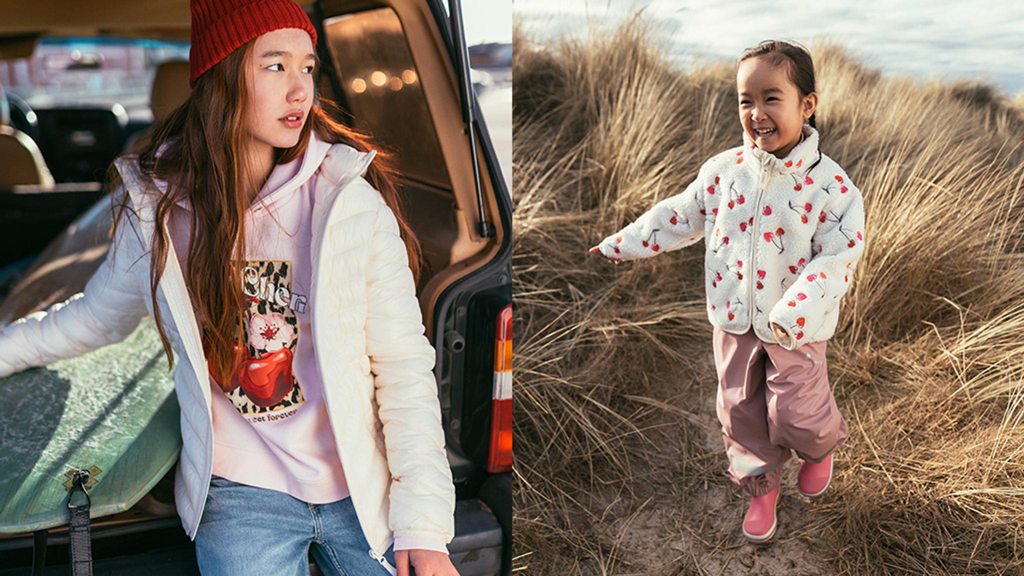 A split image showing a teen in a white puffer jacket next to a surfboard in a car trunk, and a young girl in a cherry fleece jacket in tall grass.