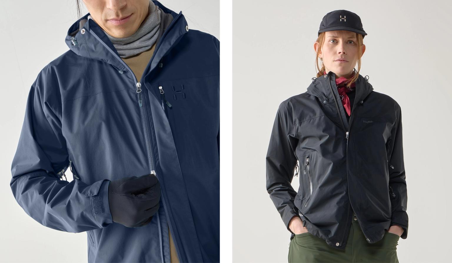 a man and a woman are wearing jackets and hats .