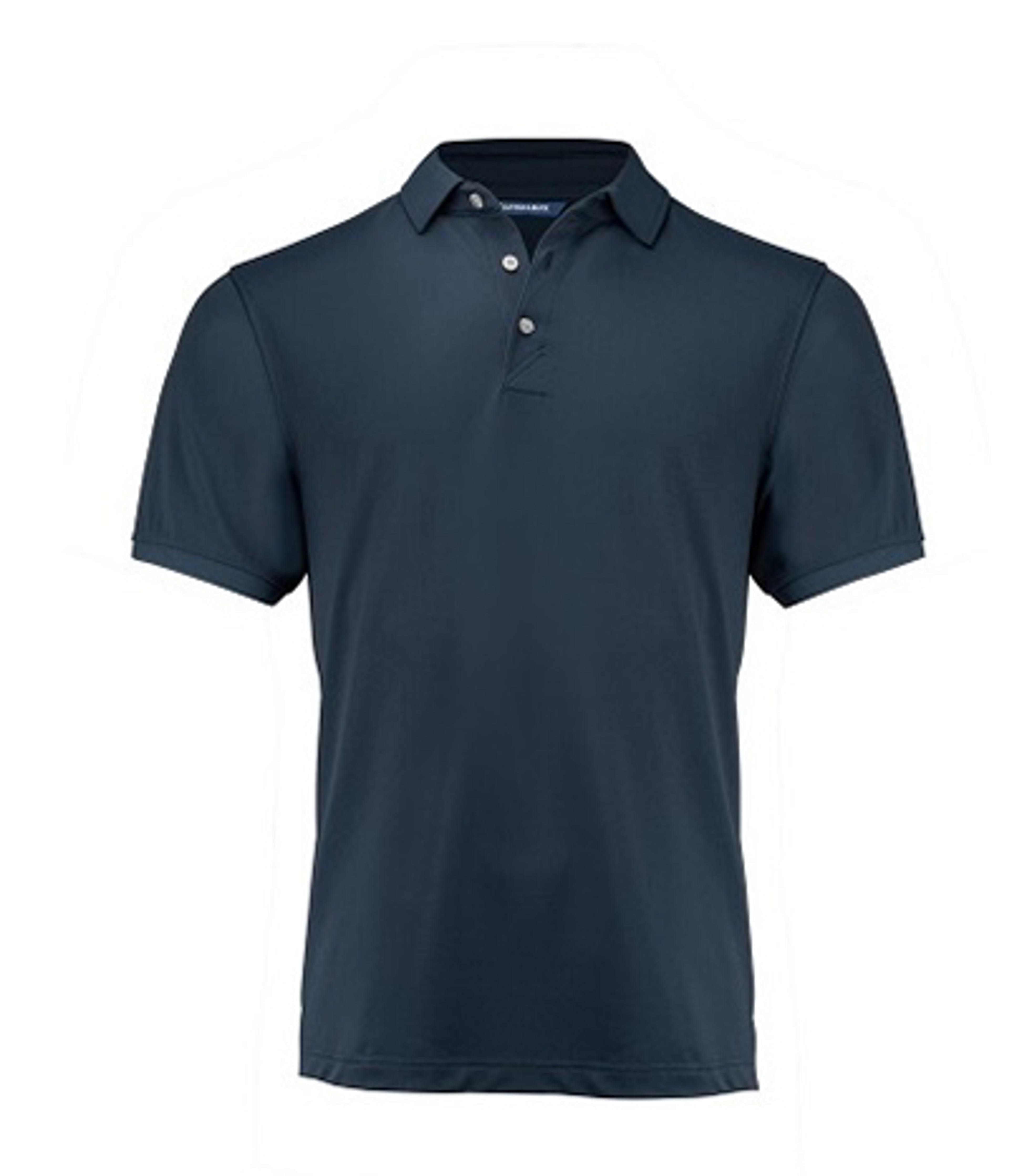 a blue polo shirt with short sleeves and buttons on a white background .