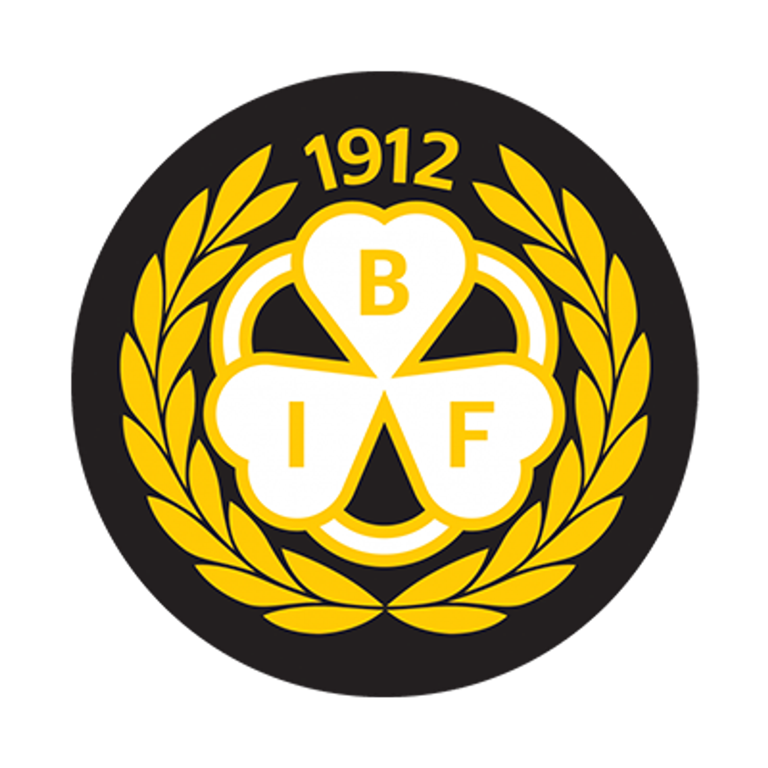 Black and gold circular logo with a white three-leaf clover containing letters B, I, F, flanked by laurel wreaths, and the year 1912 at the top.