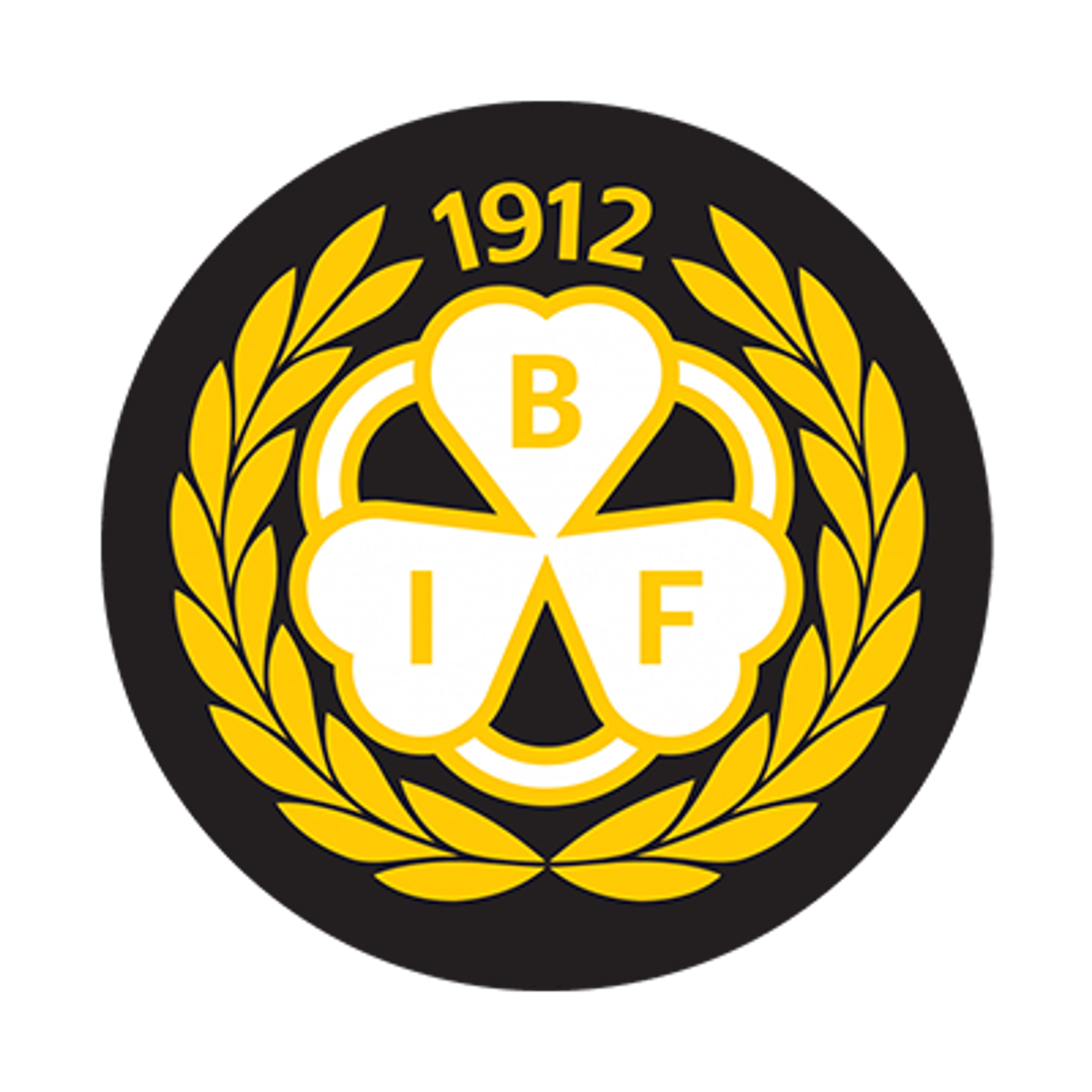 Black and gold circular logo with a white three-leaf clover containing letters B, I, F, flanked by laurel wreaths, and the year 1912 at the top.