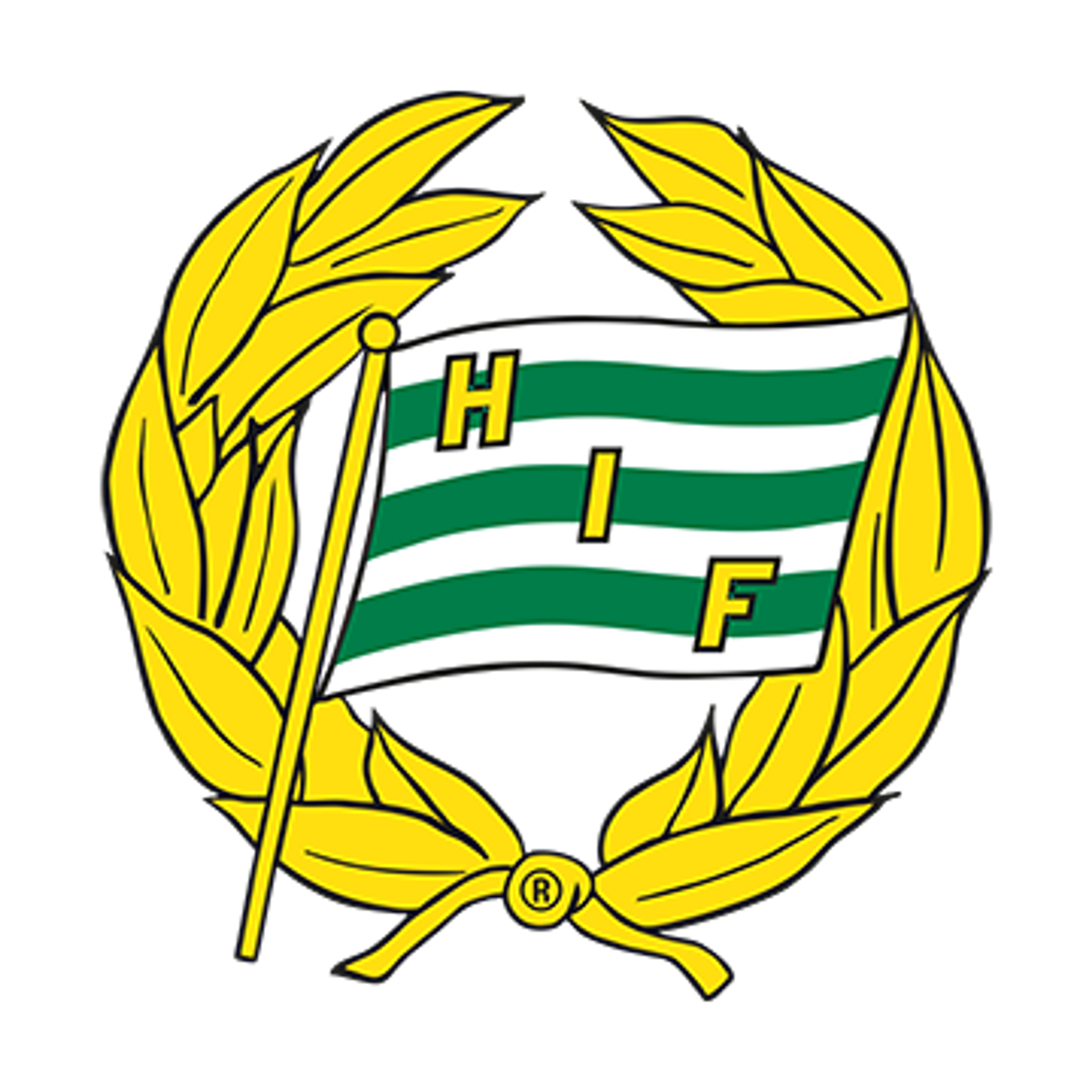 Logo with a green and white striped flag displaying 'HIF', inside a golden laurel wreath.
