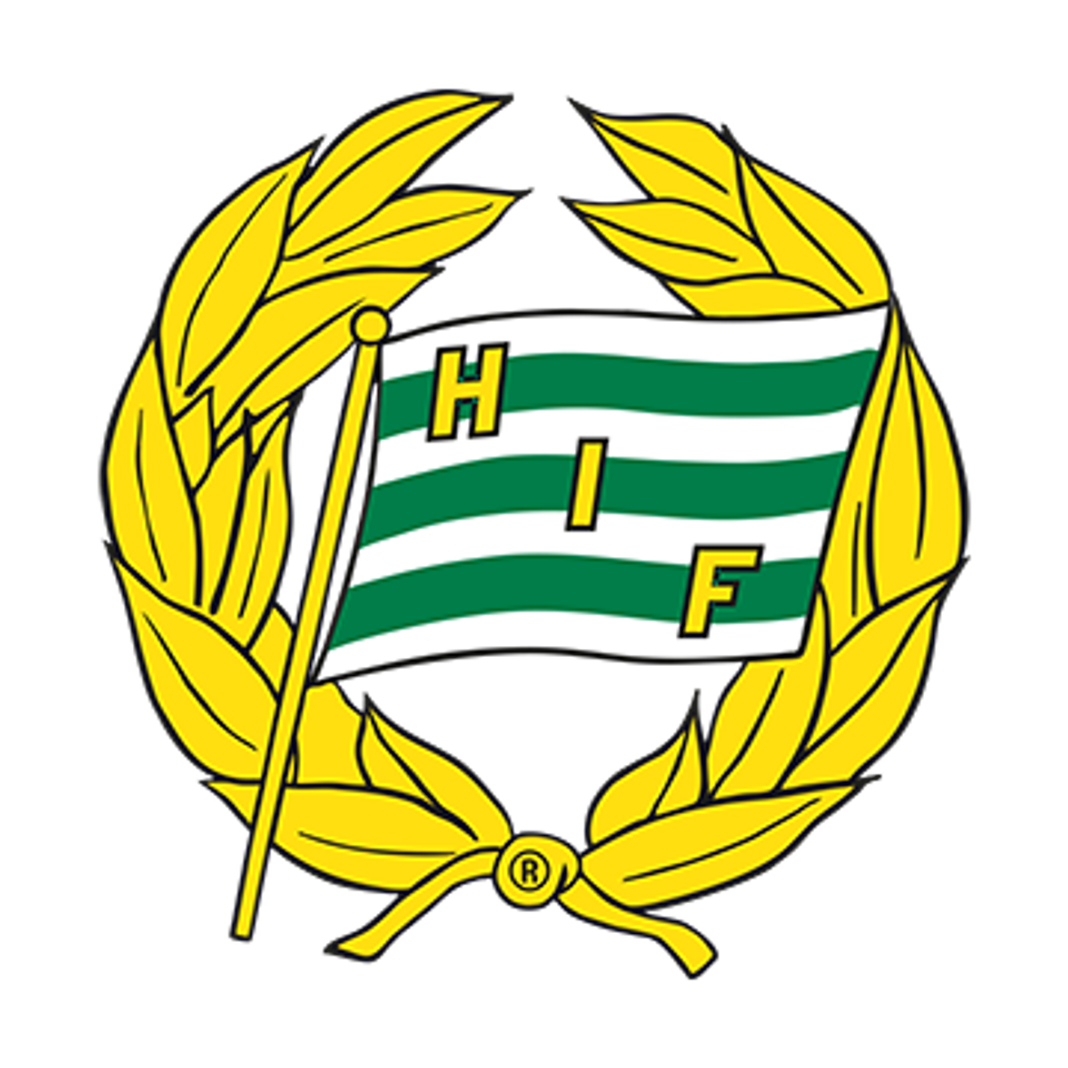 Logo with a green and white striped flag displaying 'HIF', inside a golden laurel wreath.