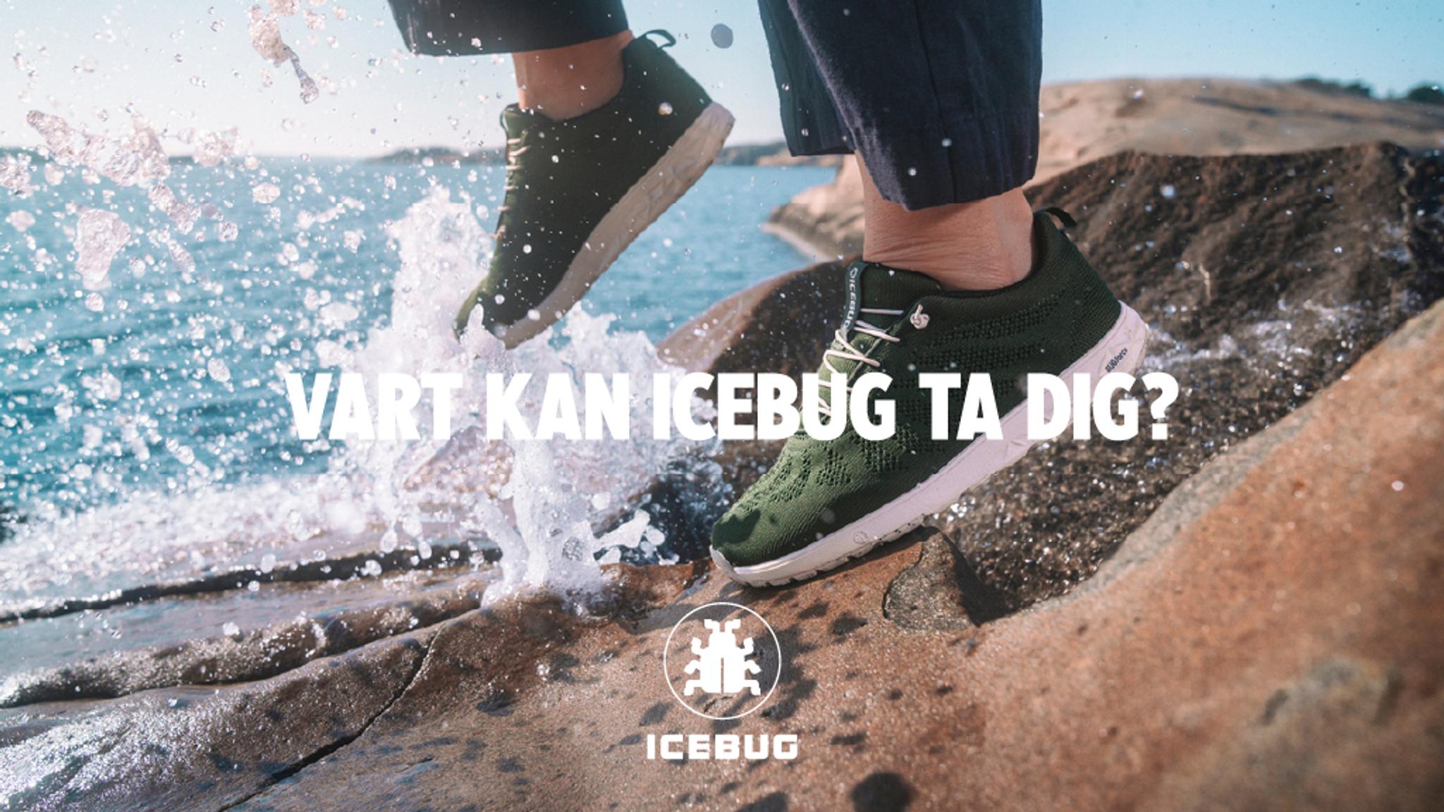 A person wearing green Icebug shoes steps on wet rocks, splashing water by the sea. Text: "VART KAN ICEBUG TA DIG?"