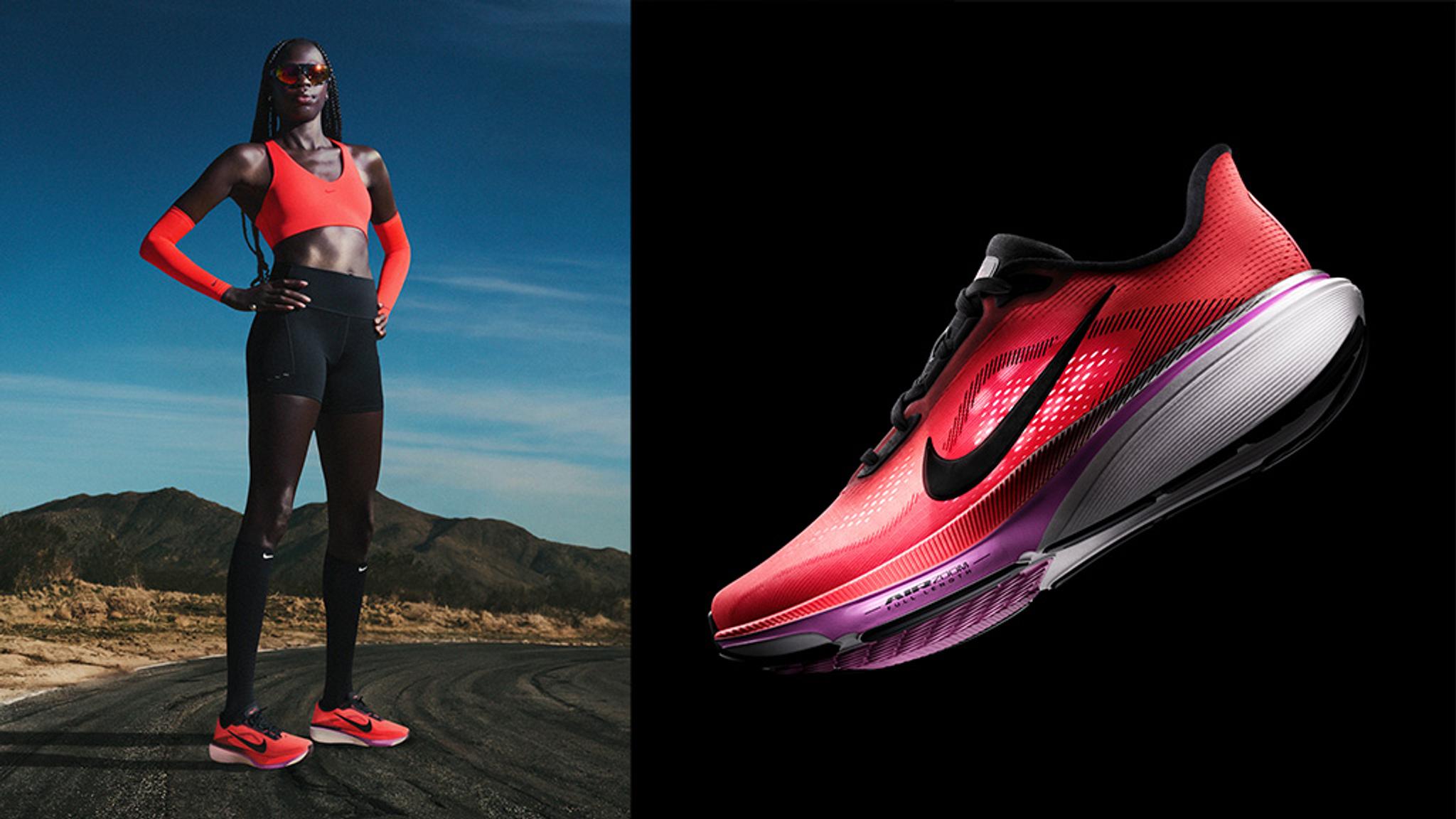 Red and black running shoes shown on a runner in matching gear on a desert road, and in a detailed studio shot.