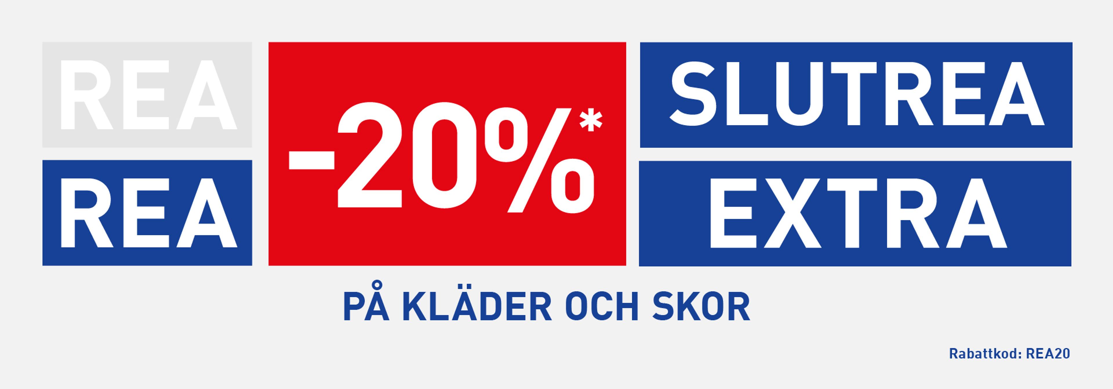 Sale banner with "REA" (Sale), "-20%", "SLUTREA EXTRA" (Final Sale Extra), "PÅ KLÄDER OCH SKOR" (On Clothes and Shoes), and "Rabattkod: REA20" (Discount code: REA20).