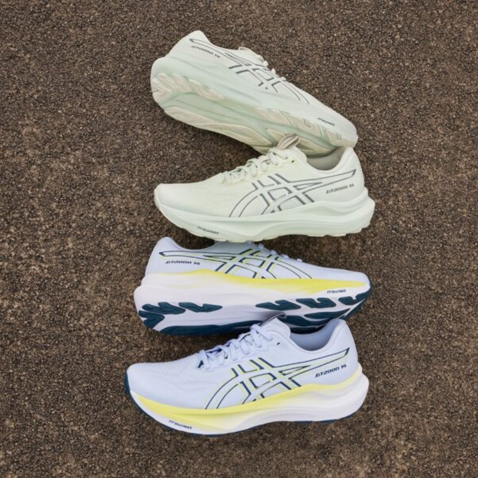 three pairs of asics running shoes are stacked on top of each other