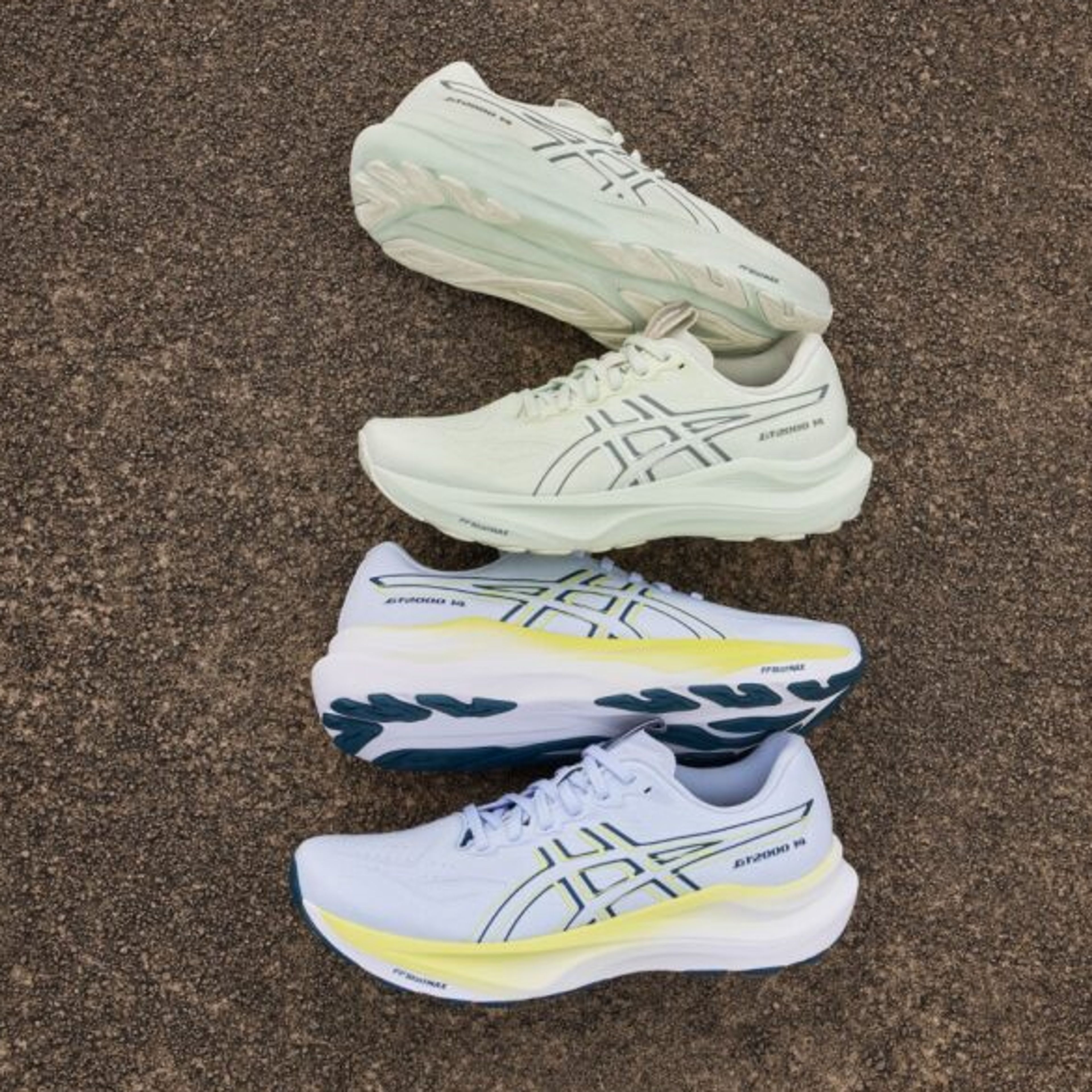 three pairs of asics running shoes are stacked on top of each other