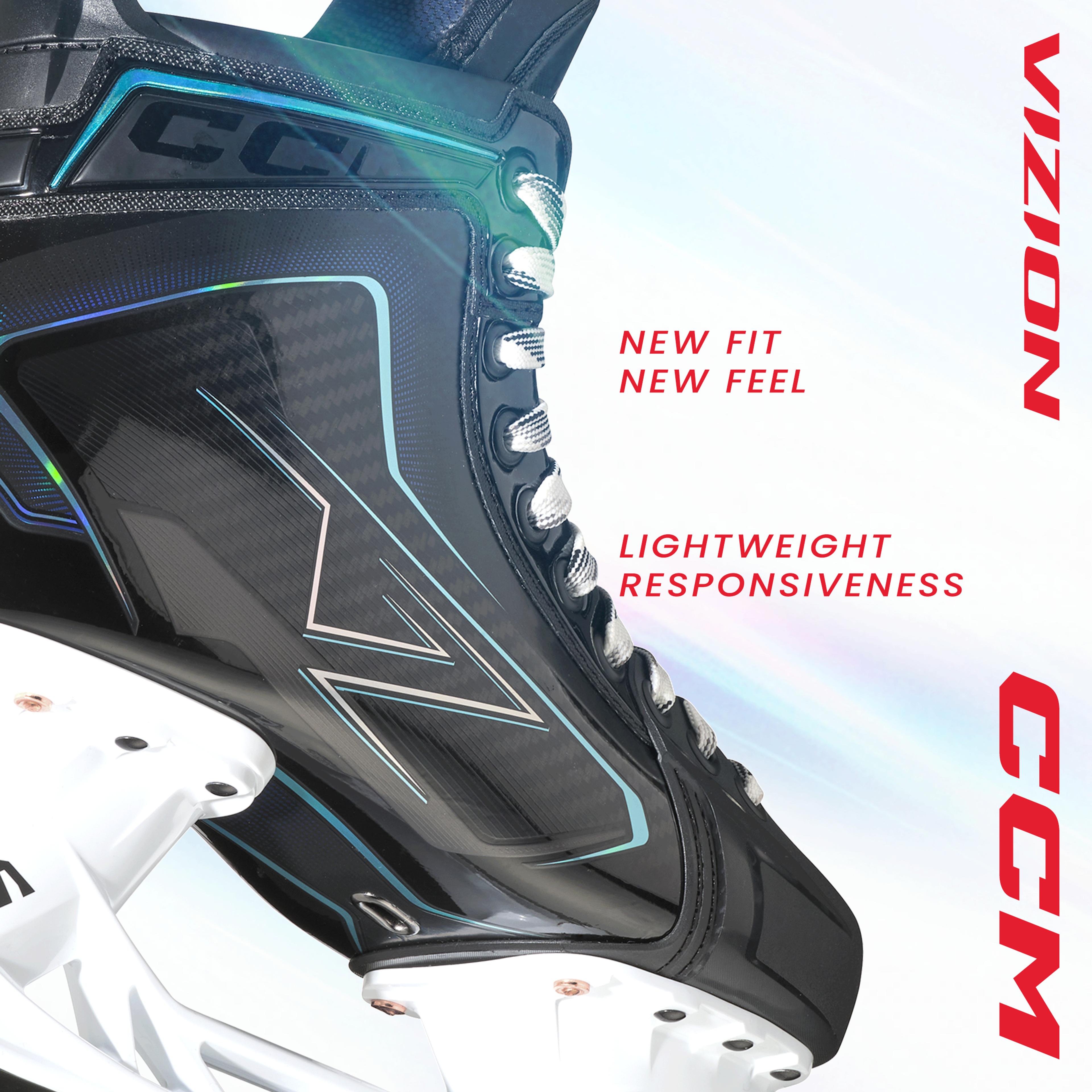 Close-up of a black CCM hockey skate with turquoise accents. Text reads: "NEW FIT NEW FEEL", "LIGHTWEIGHT RESPONSIVENESS", and "VIZION".