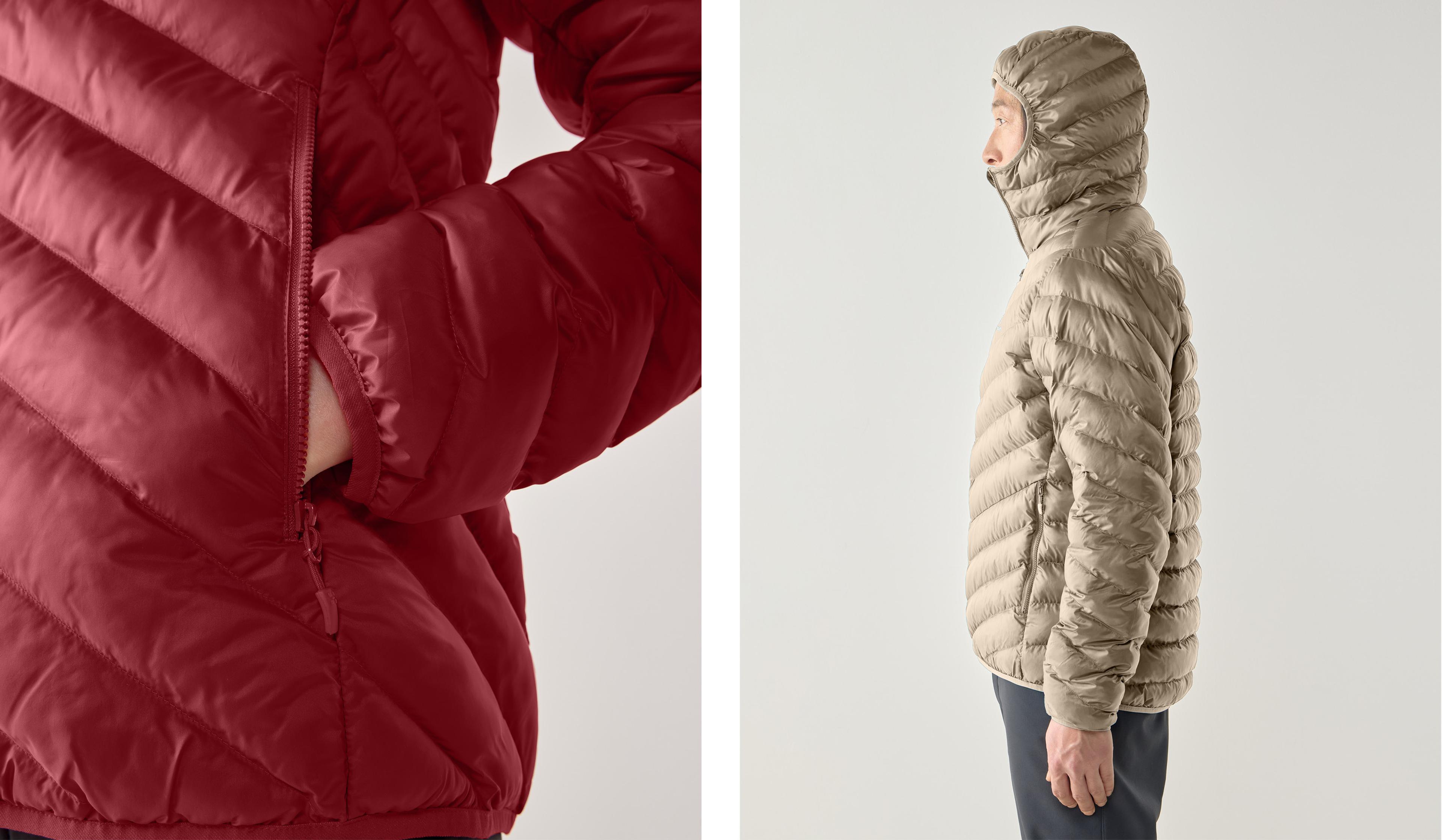 a person wearing a red jacket with a hood and a person wearing a beige jacket with a hood .