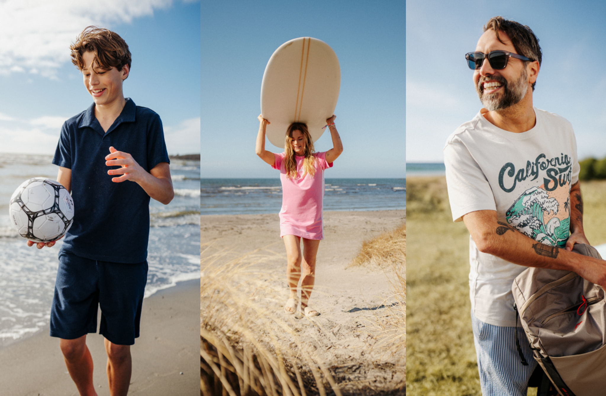 A triptych of a boy with a soccer ball on the beach, a woman carrying a surfboard, and a man with a backpack.