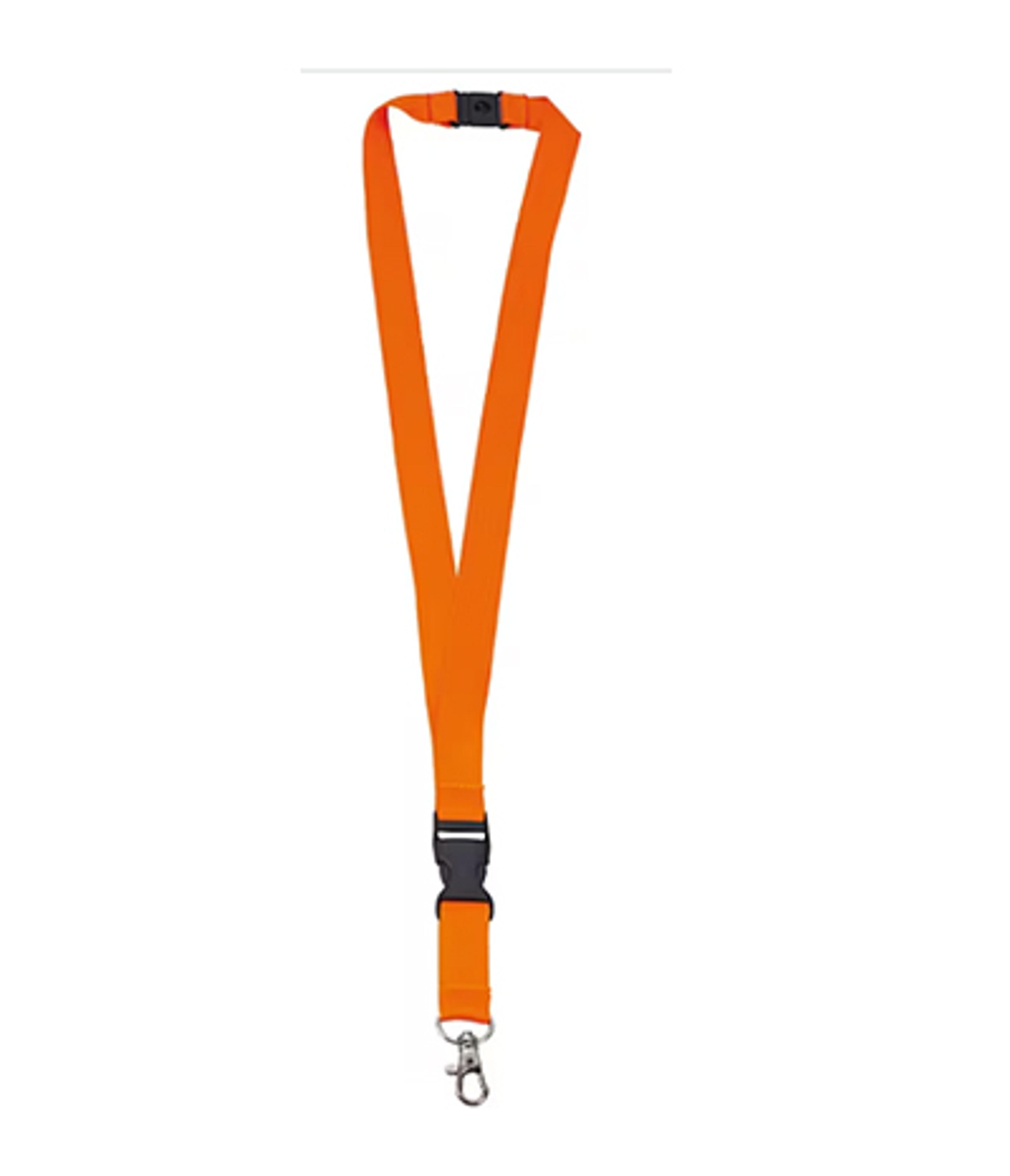 an orange lanyard with a black buckle and hook on a white background .