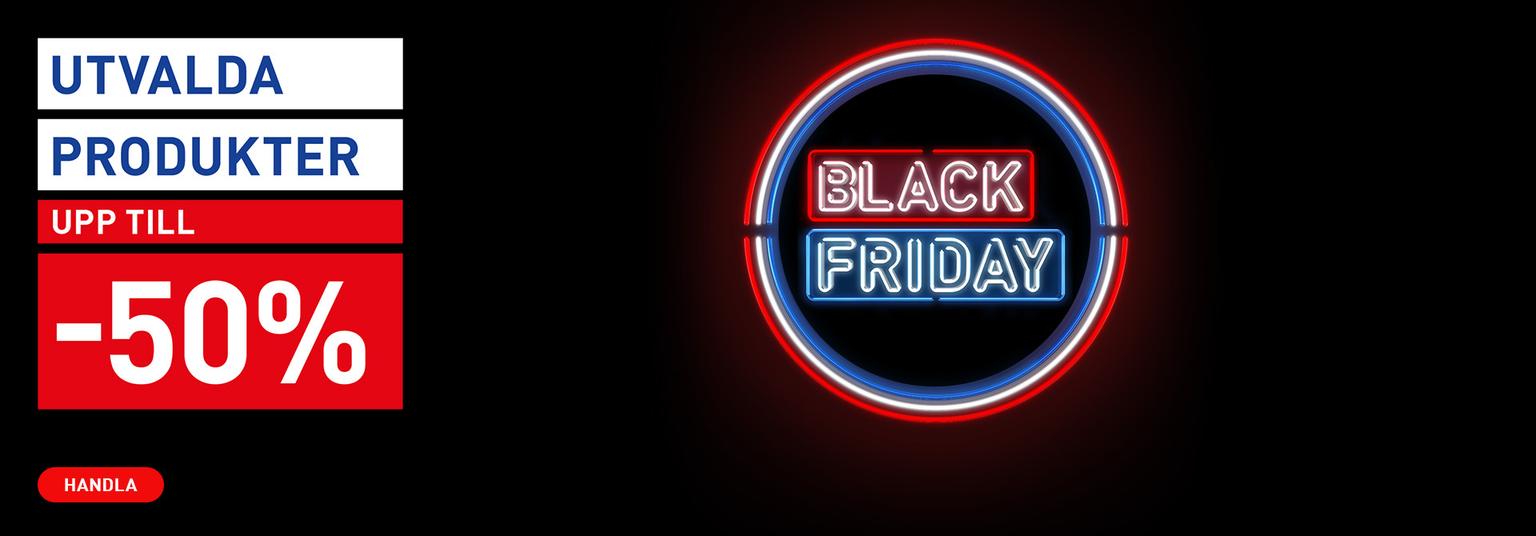 Black Friday sale banner: 'Selected Products Up To -50%', 'Shop' button, and a neon 'Black Friday' sign.