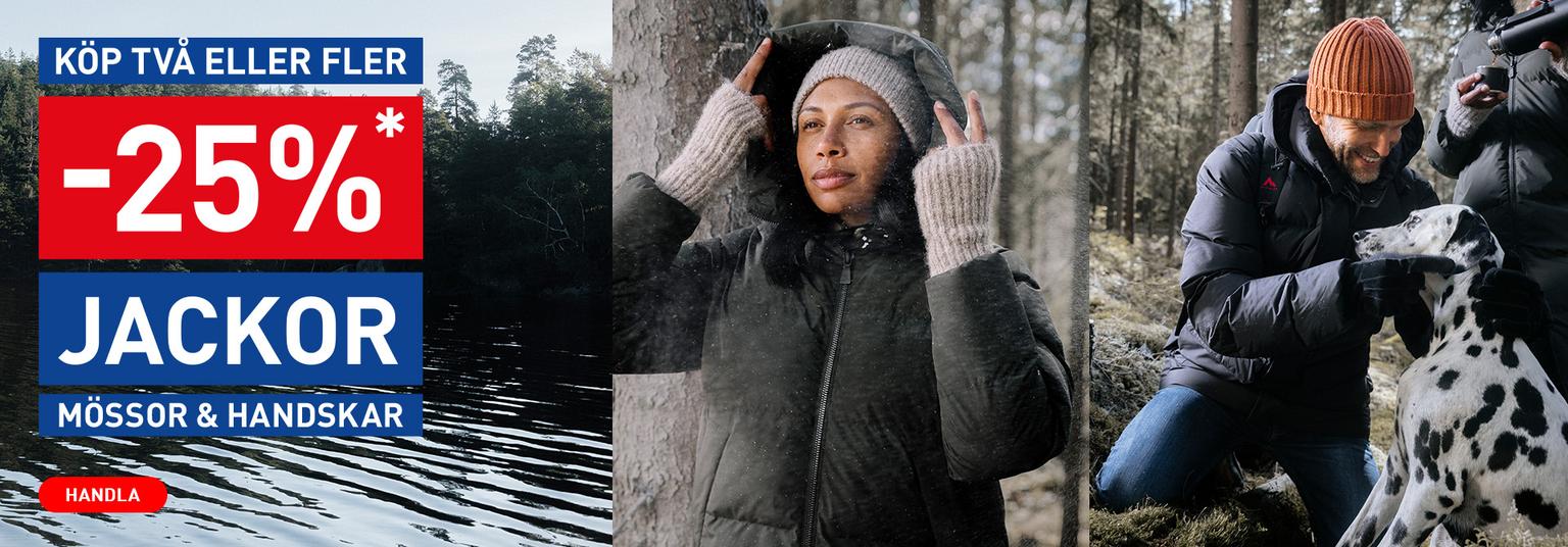Ad for 25% off jackets, hats, and gloves, featuring two models in winter wear outdoors, one petting a Dalmatian.