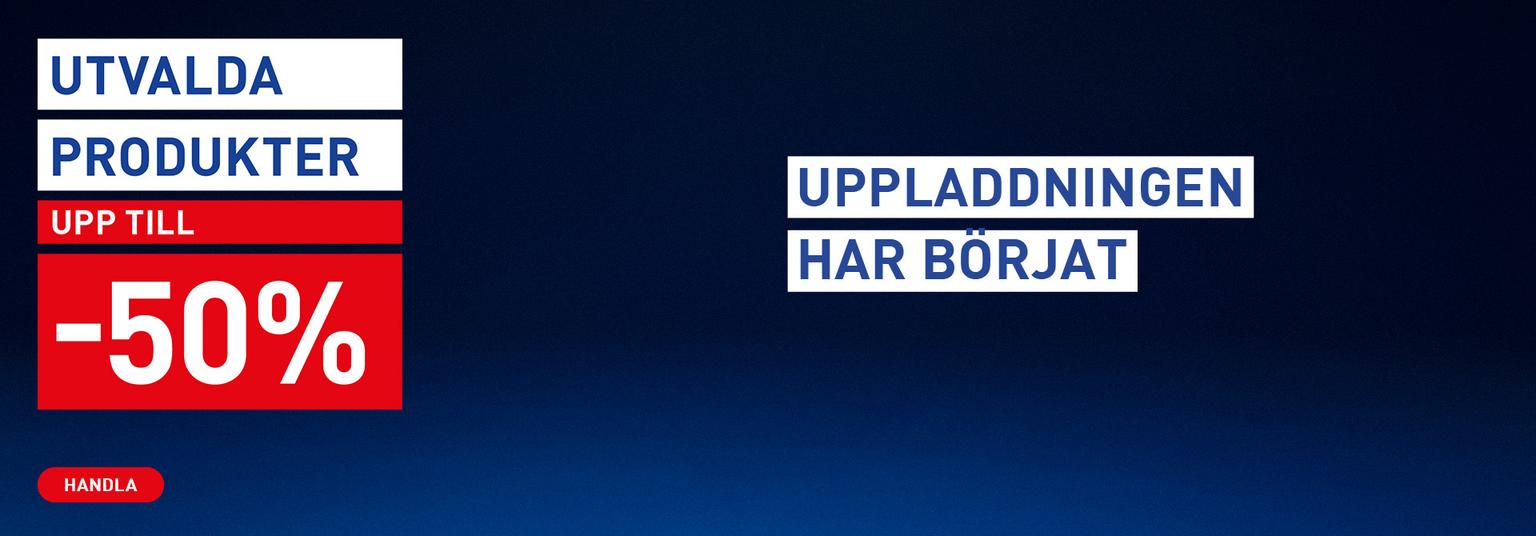 Sale banner: "Selected Products Up To -50%", "Shop" button, and text: "The Upload Has Started".