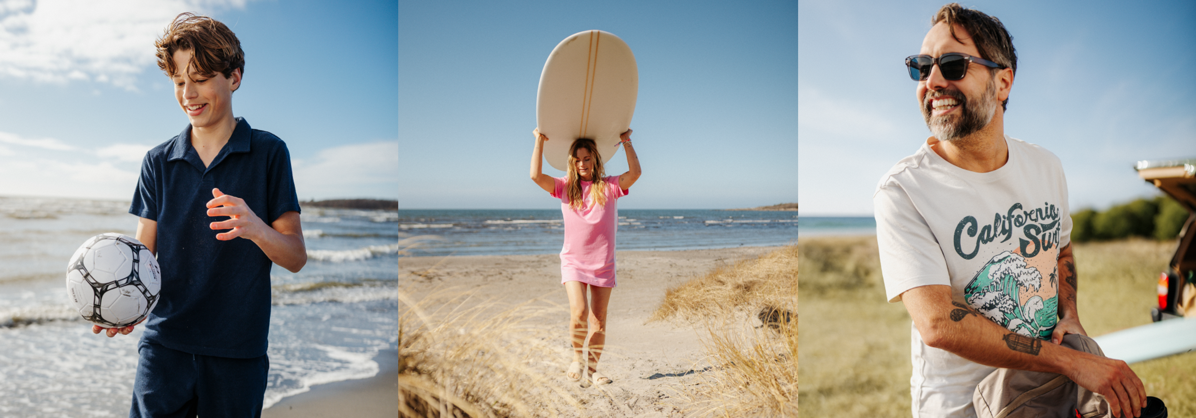 A young boy with a soccer ball on a beach, a girl carrying a surfboard, and a man smiling by a car near the coast.