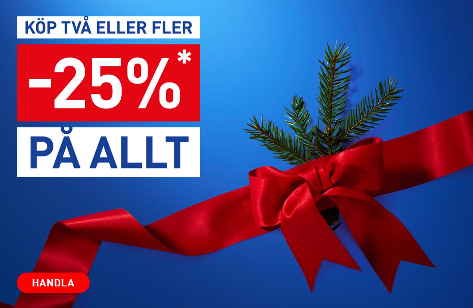 Swedish offer: 'Buy two or more, 25% off everything.' A red ribbon, evergreen sprig, and 'Shop' button on a blue background.