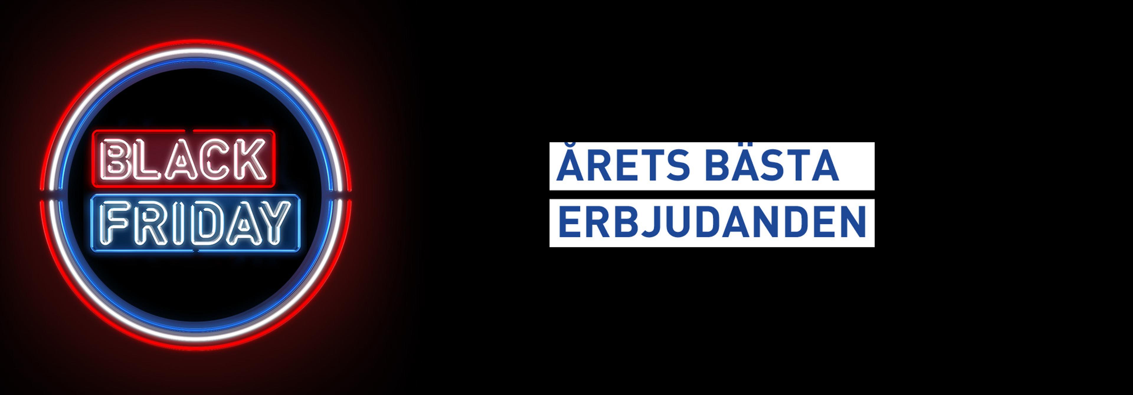 Neon sign reading "Black Friday" next to Swedish text "ÅRETS BÄSTA ERBJUDANDEN" (YEAR'S BEST OFFERS).