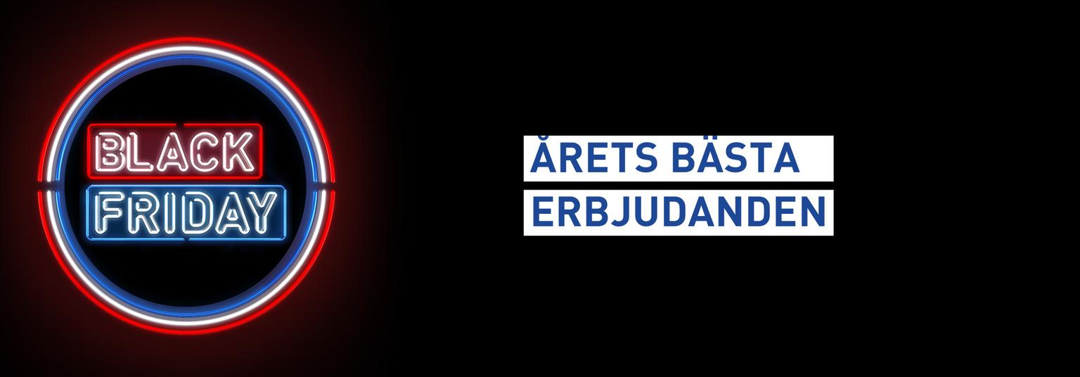 Neon sign reading "Black Friday" next to Swedish text "ÅRETS BÄSTA ERBJUDANDEN" (YEAR'S BEST OFFERS).