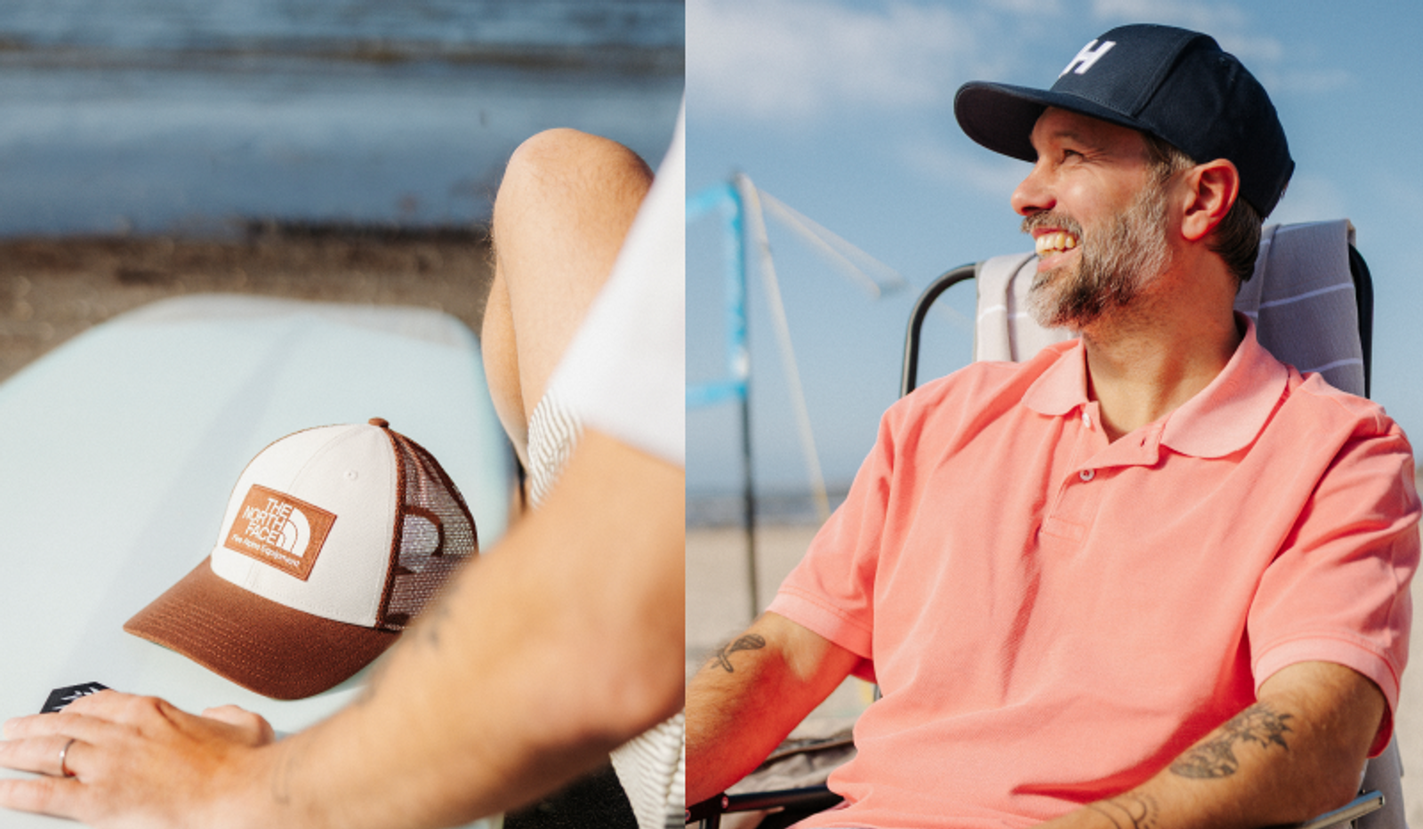 Two-panel image: a The North Face trucker hat on a surfboard, and a smiling man in a pink polo and cap on a beach chair.