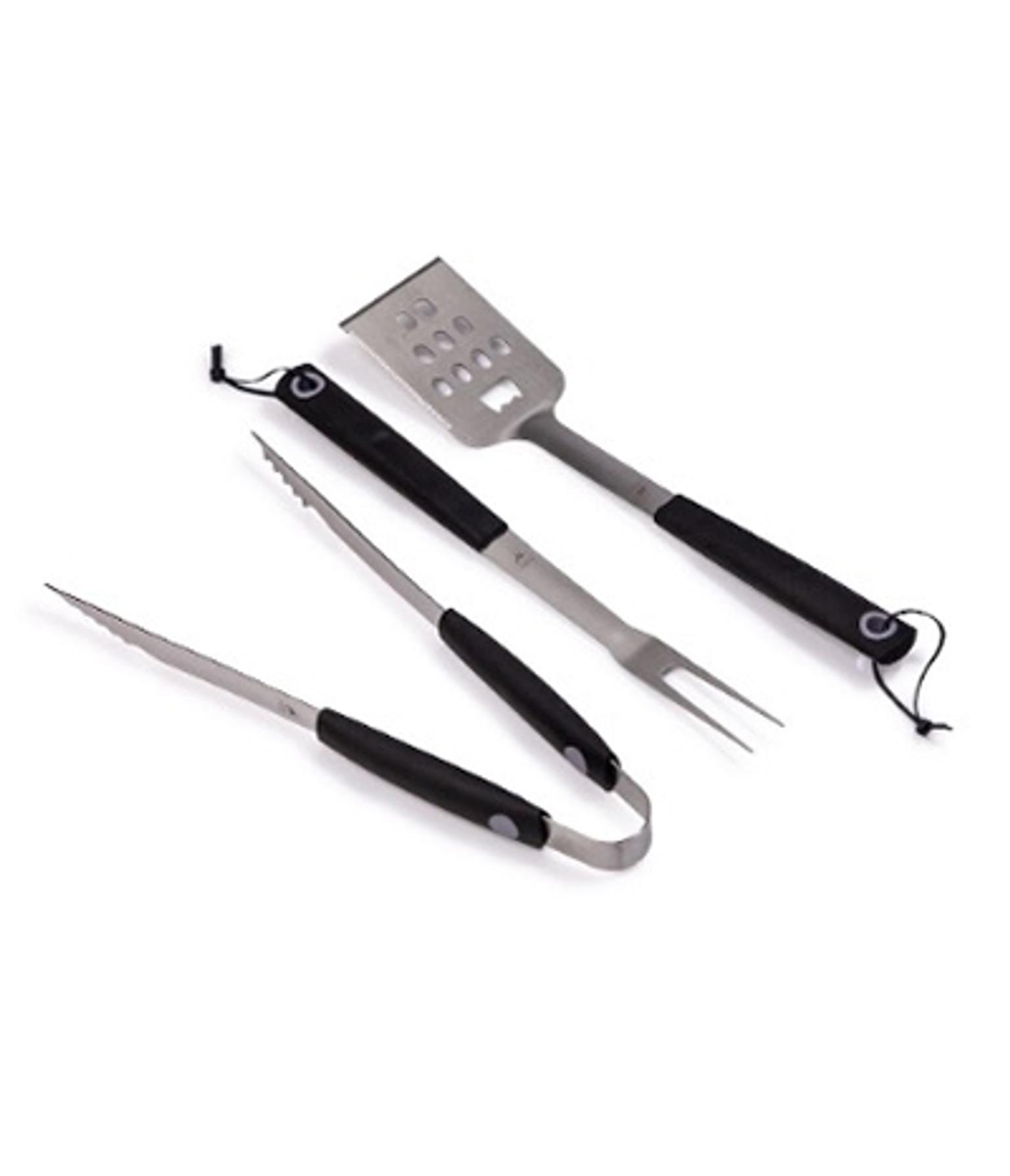 a set of barbecue utensils with black handles on a white background .