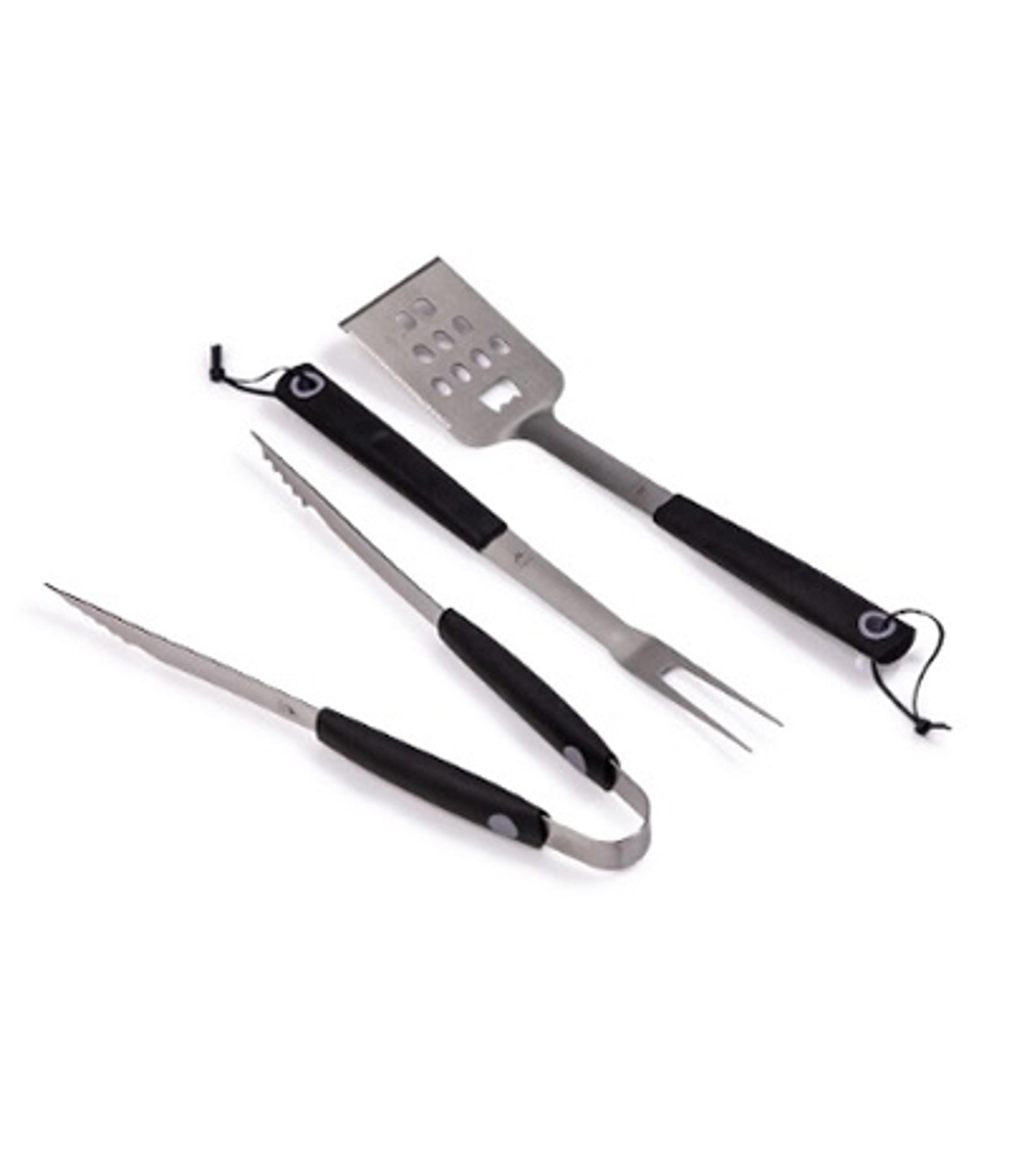 a set of barbecue utensils with black handles on a white background .