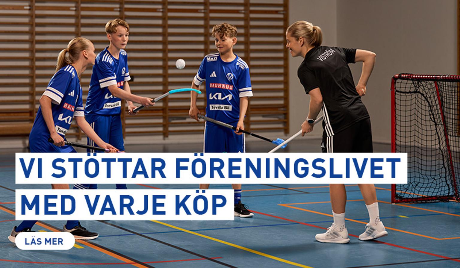 a group of young people are playing floorball on a court .
