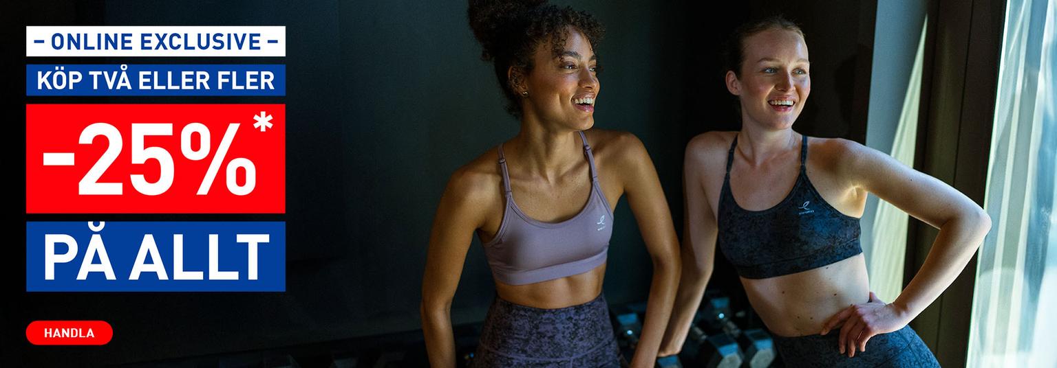 Two smiling women in athletic wear with text reading "Online Exclusive, Buy two or more, -25% on everything, Shop."