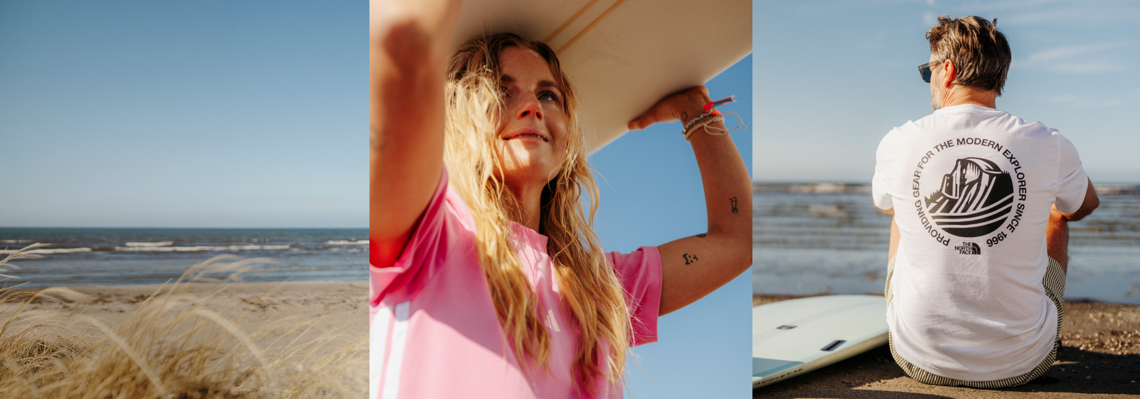 A three-panel image: a beach with the ocean, a smiling blonde woman carrying a surfboard, and a man sitting by the water in a The North Face t-shirt.