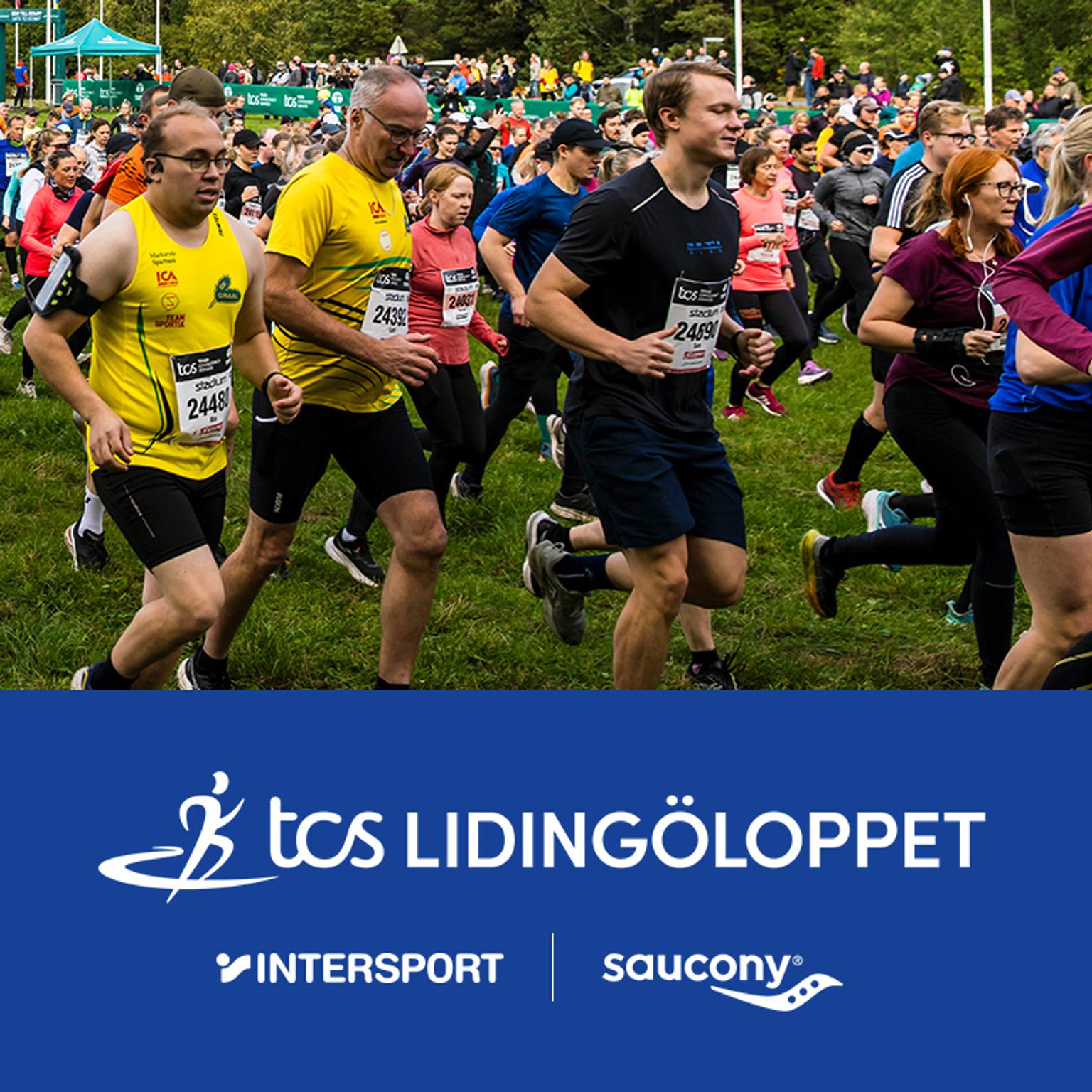 a group of people are running in a race sponsored by intersport and saucony