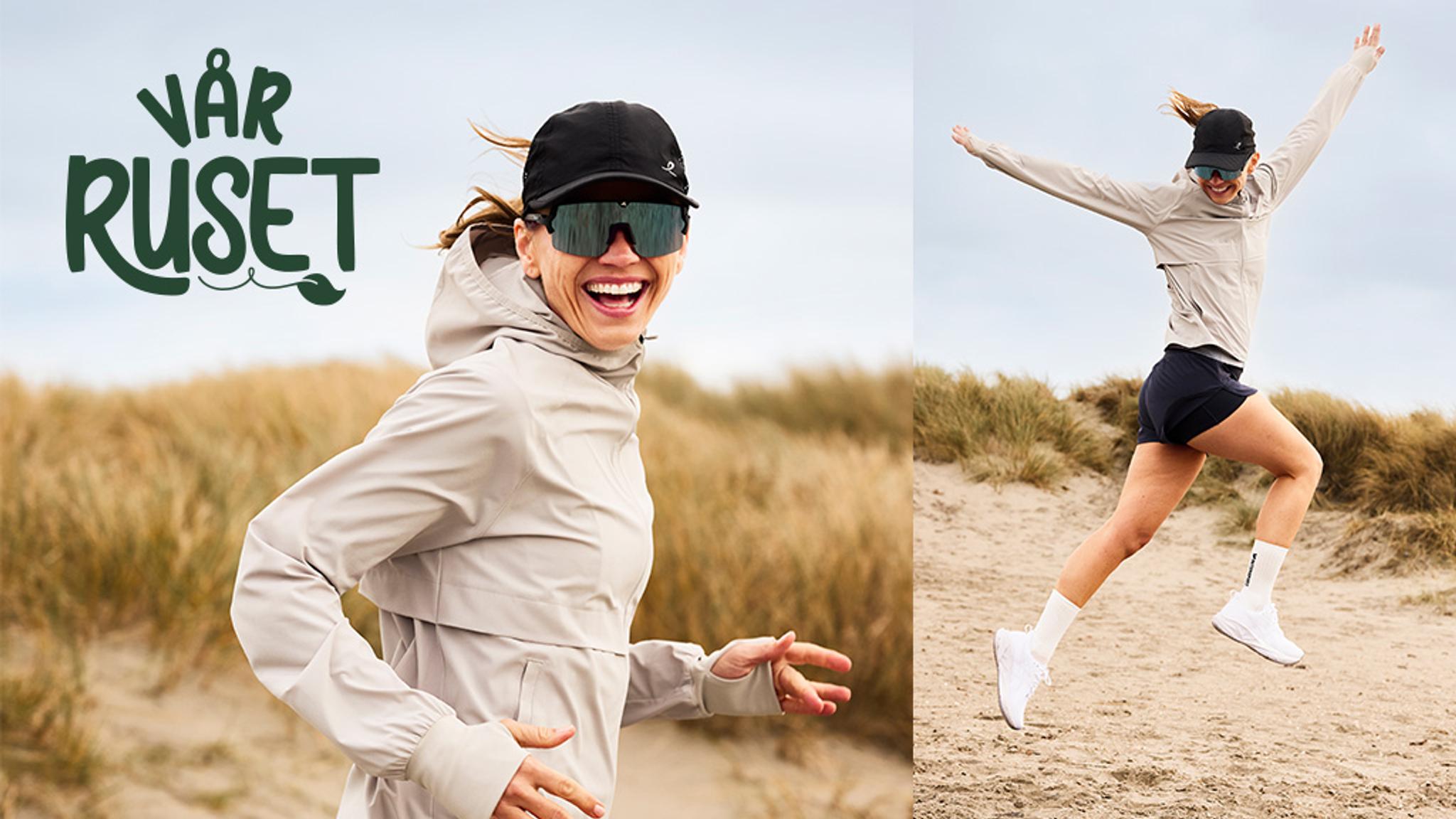 Two images of an energetic woman in athletic wear running and jumping on a sandy beach, with text 'VÅR RUSET'.