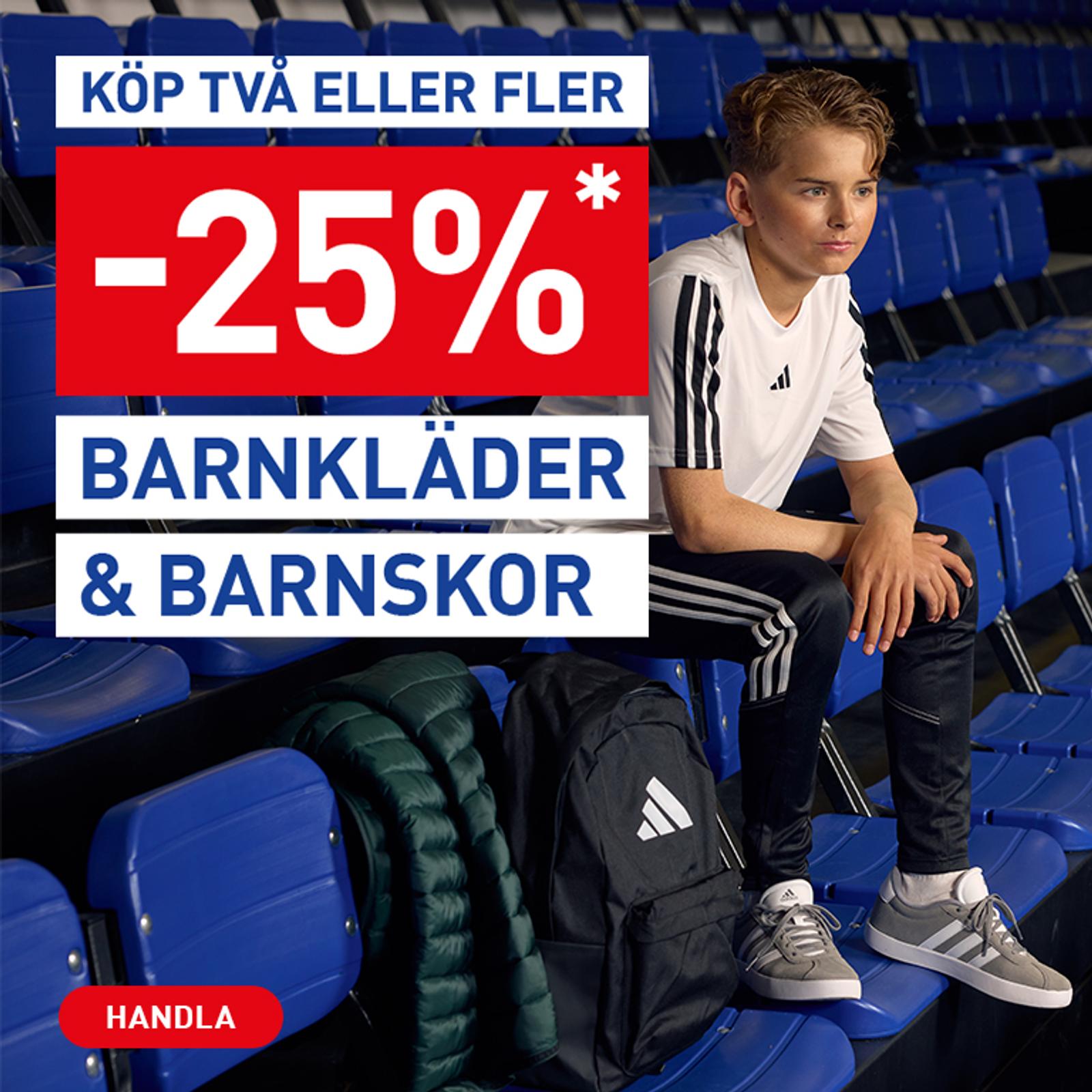 A young boy in Adidas sportswear sits in stadium seats, with text promoting 25% off children's clothes and shoes when buying two or more items.