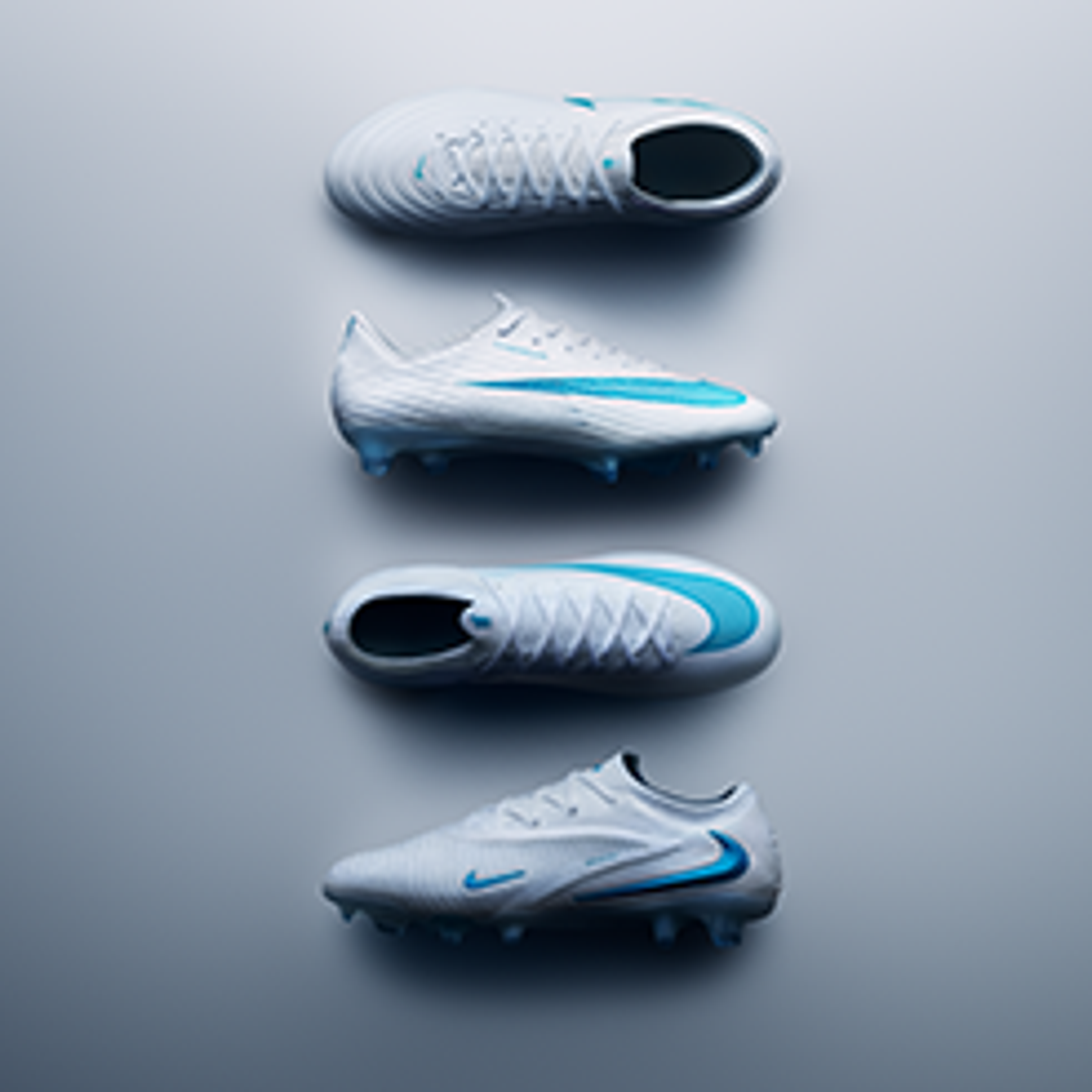 Four white football boots with blue accents, lined up vertically on a grey background.