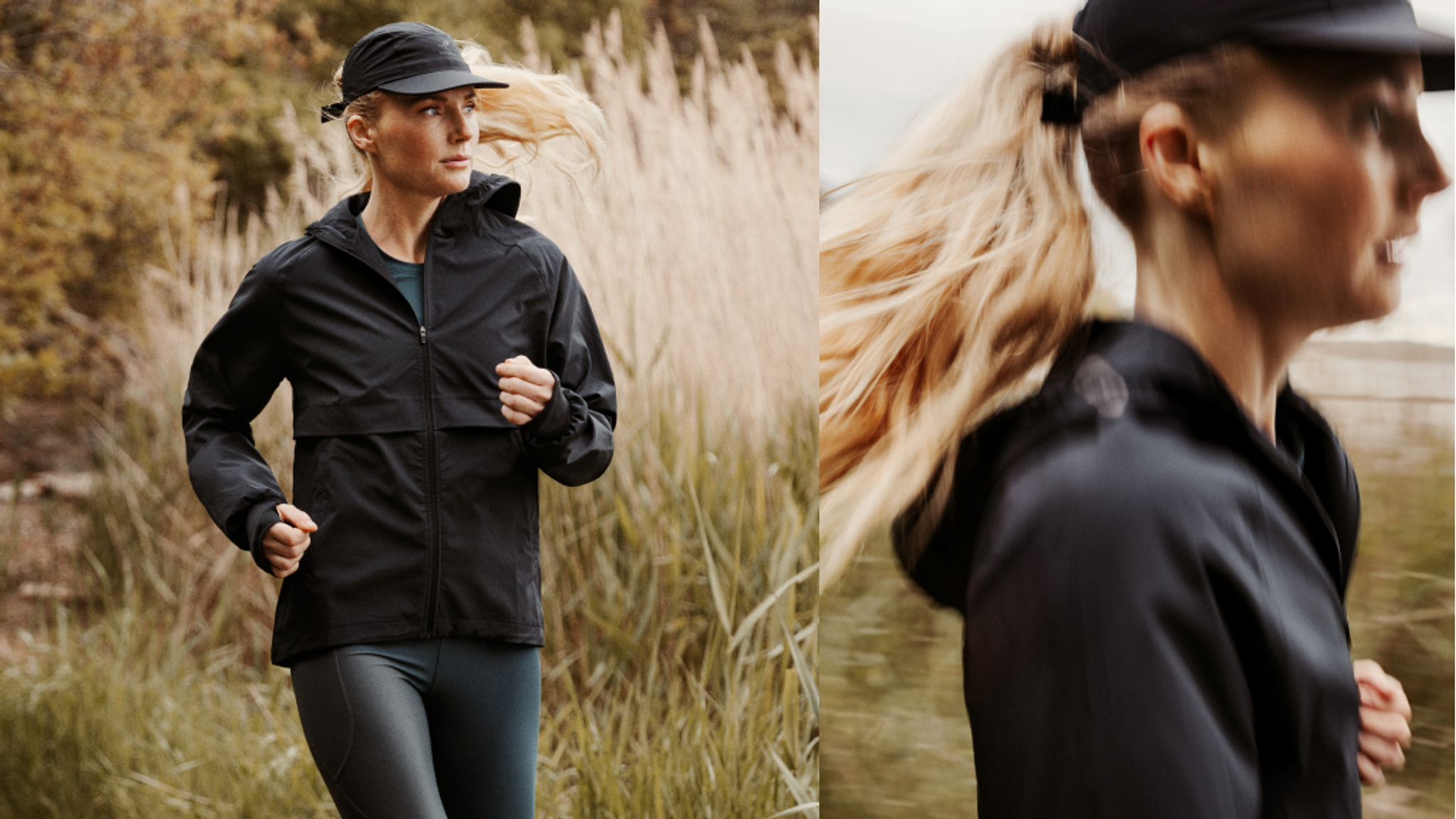 A blonde woman in a black running jacket and cap runs outdoors among tall grass, her ponytail flowing.