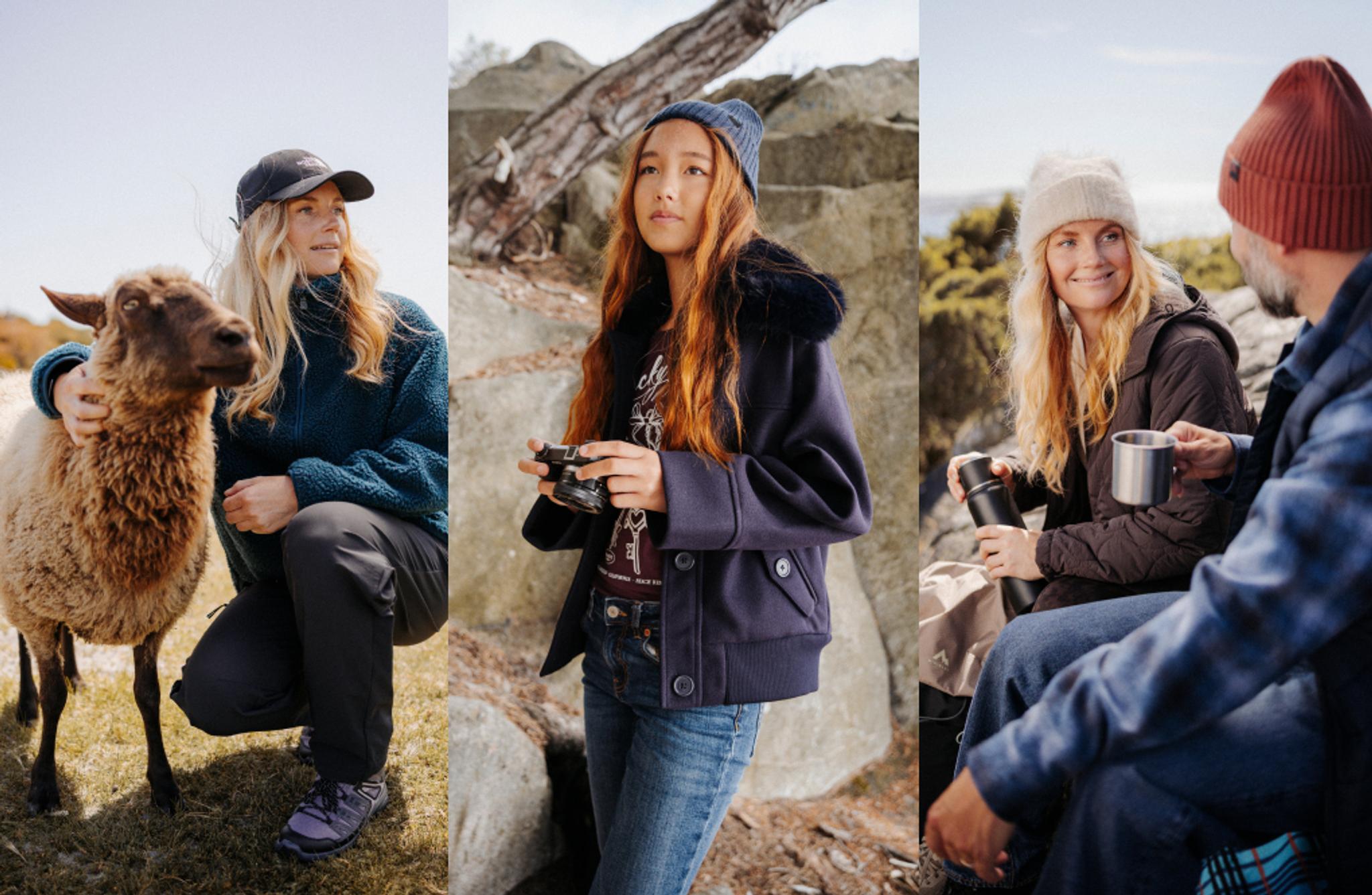 Three scenes showing people enjoying the outdoors: a woman with a sheep, a girl holding a camera, and a couple sharing drinks.