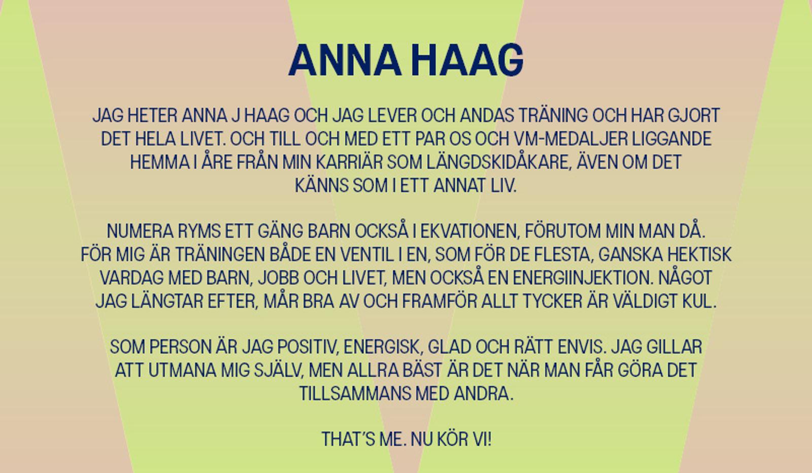 Text in Swedish introducing Anna Haag, a former cross-country skier, against a light green and beige background.
