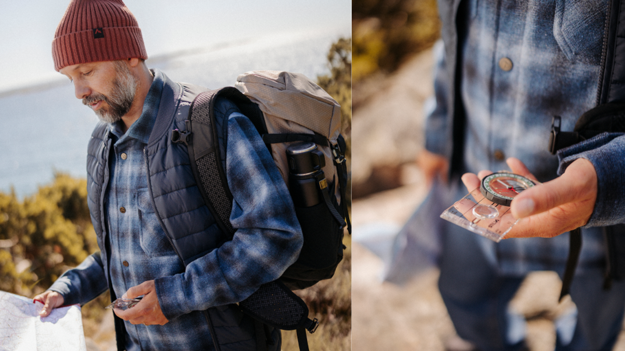 A man in hiking gear consults a map and compass.