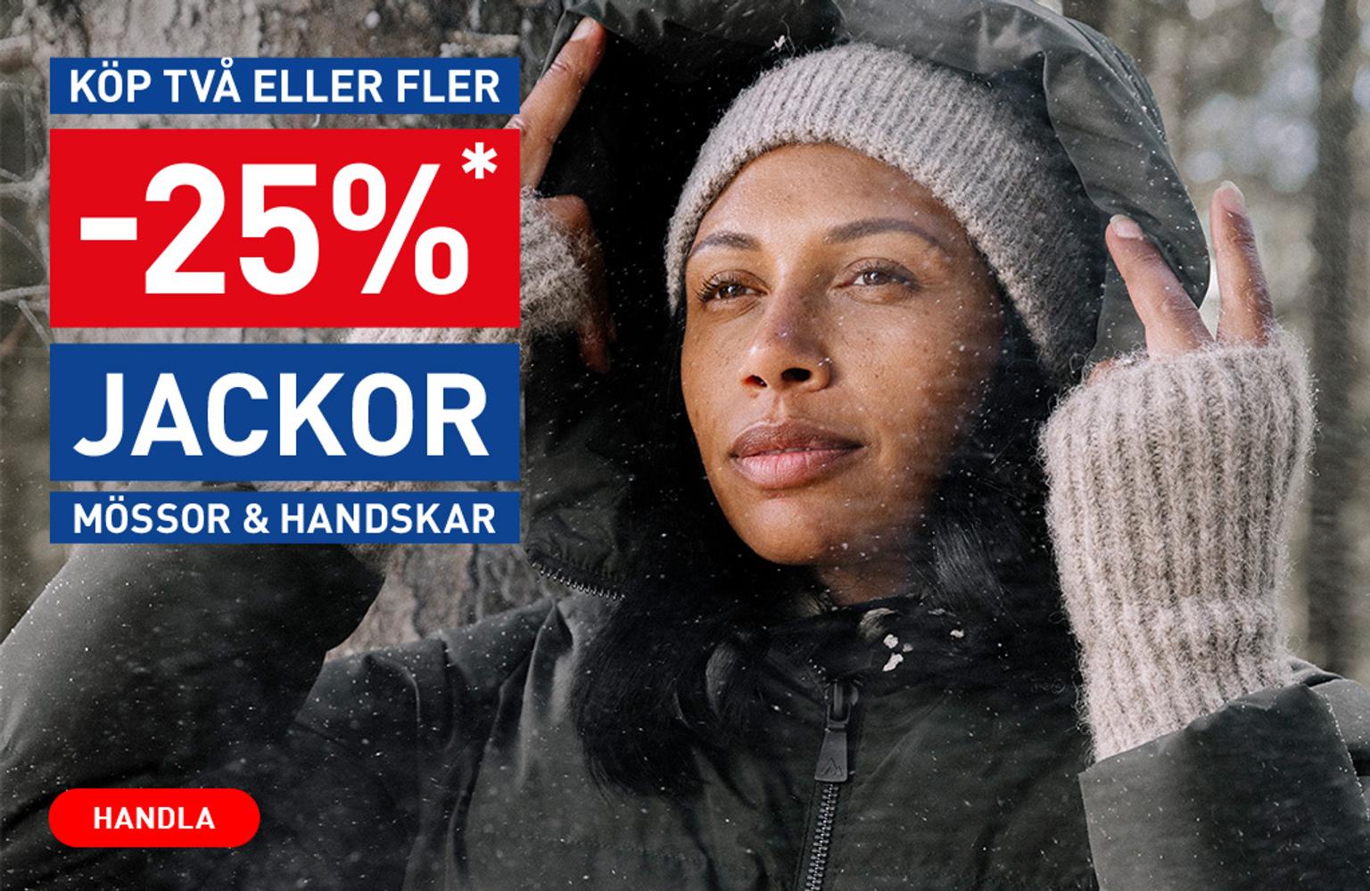 A woman in a winter jacket, beanie, and fingerless gloves stands in falling snow. An overlay promotes 25% off jackets, beanies, and gloves when buying two or more items.