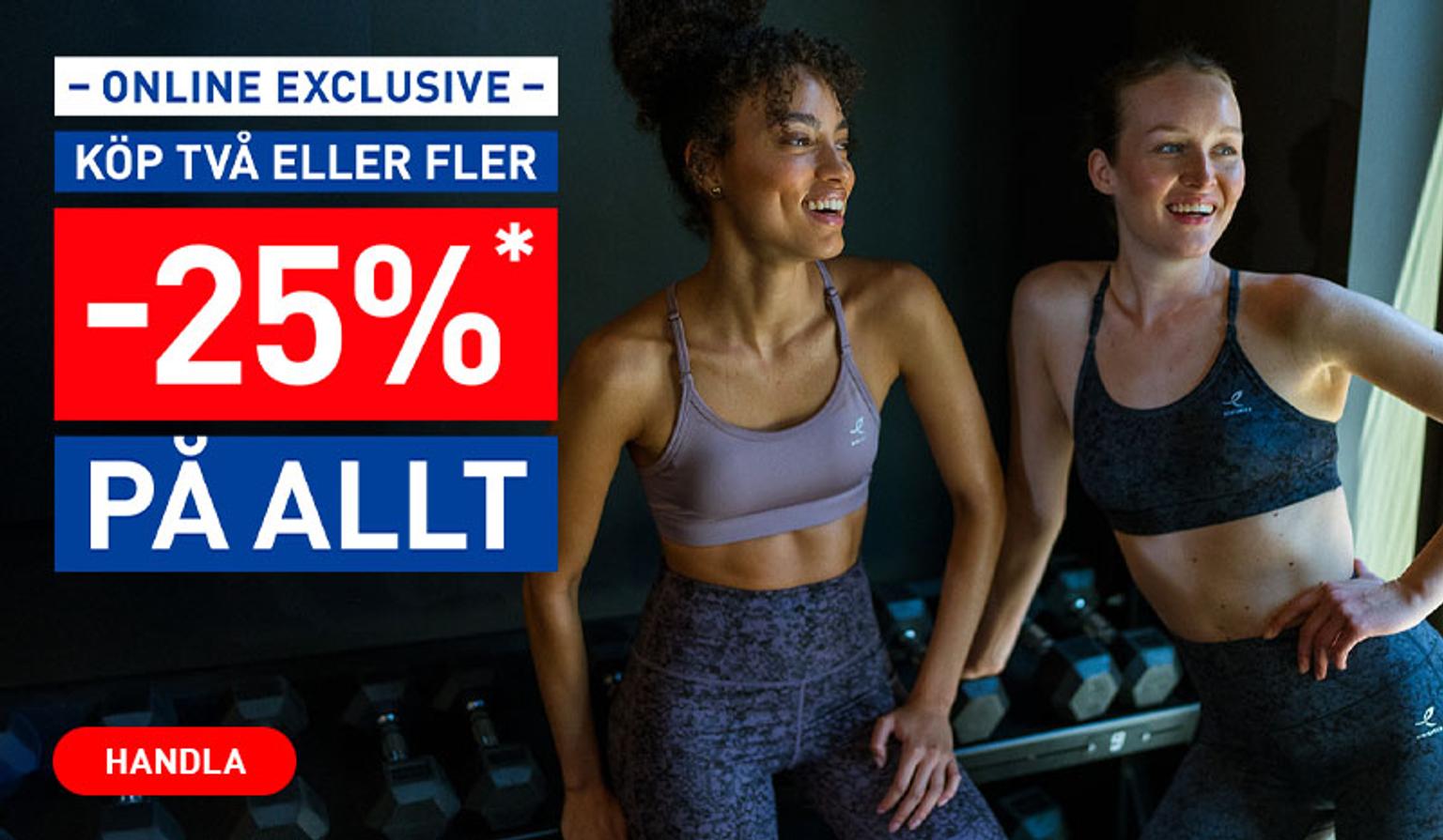 Two smiling women in activewear promote an online exclusive offer: Buy 2+ items for 25% off everything.