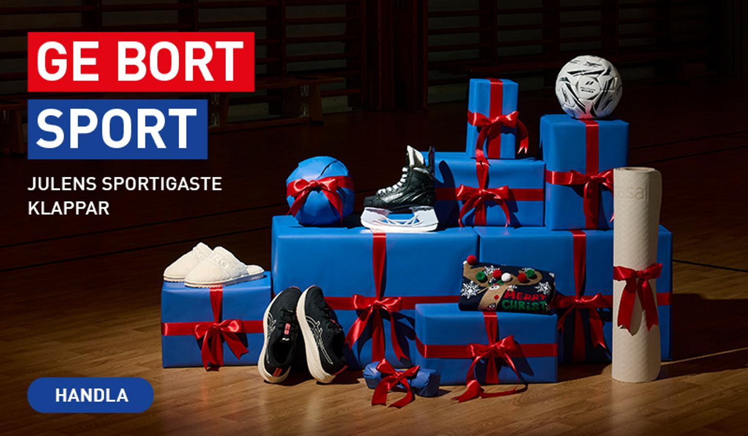 An advertisement for Christmas sports gifts, with blue wrapped packages of sports equipment, including a soccer ball and ice skate, and the text "GE BORT SPORT."