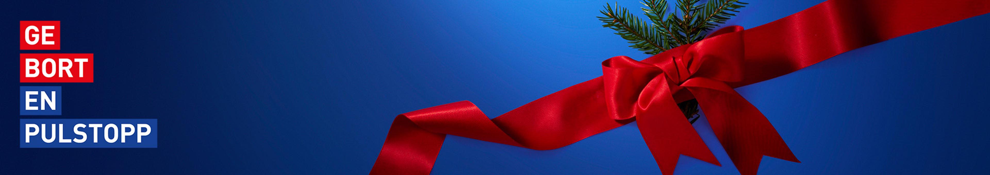 Text "GE BORT EN PULSTOPP" on a blue background with a red ribbon and fir branches.