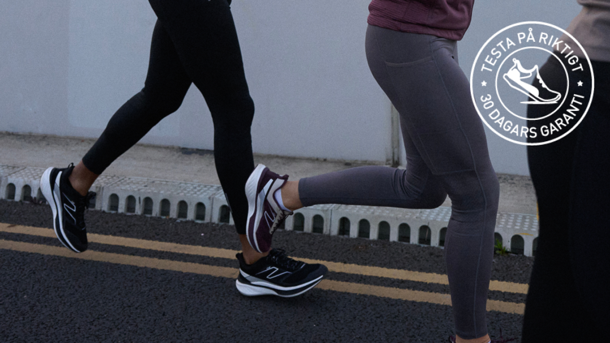 Two people running in athletic shoes and leggings, with a "30-day guarantee" promotional logo.
