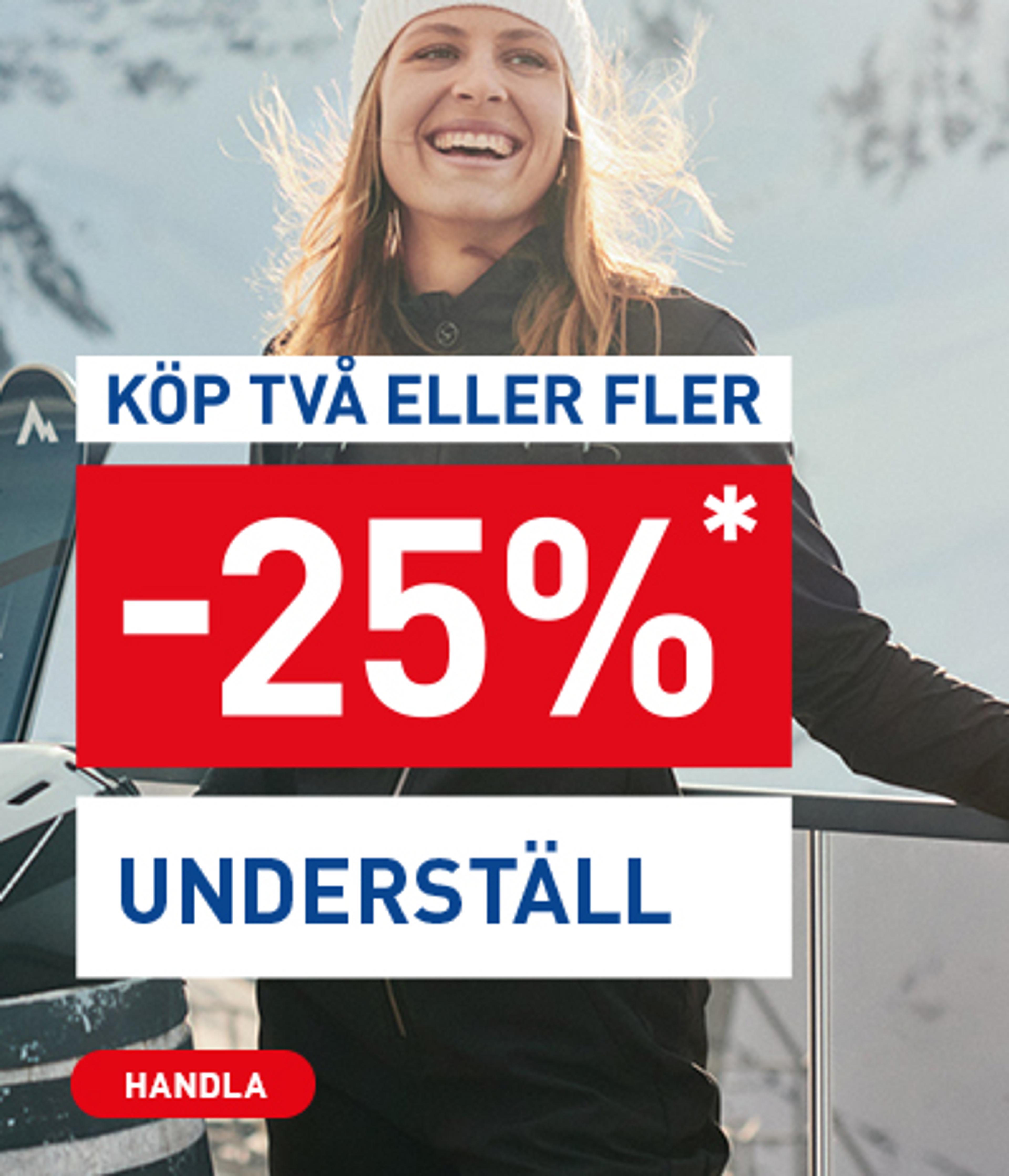 A smiling woman in winter clothes with skis, advertising "Buy two or more base layers and get 25% off" with a "Shop" button.
