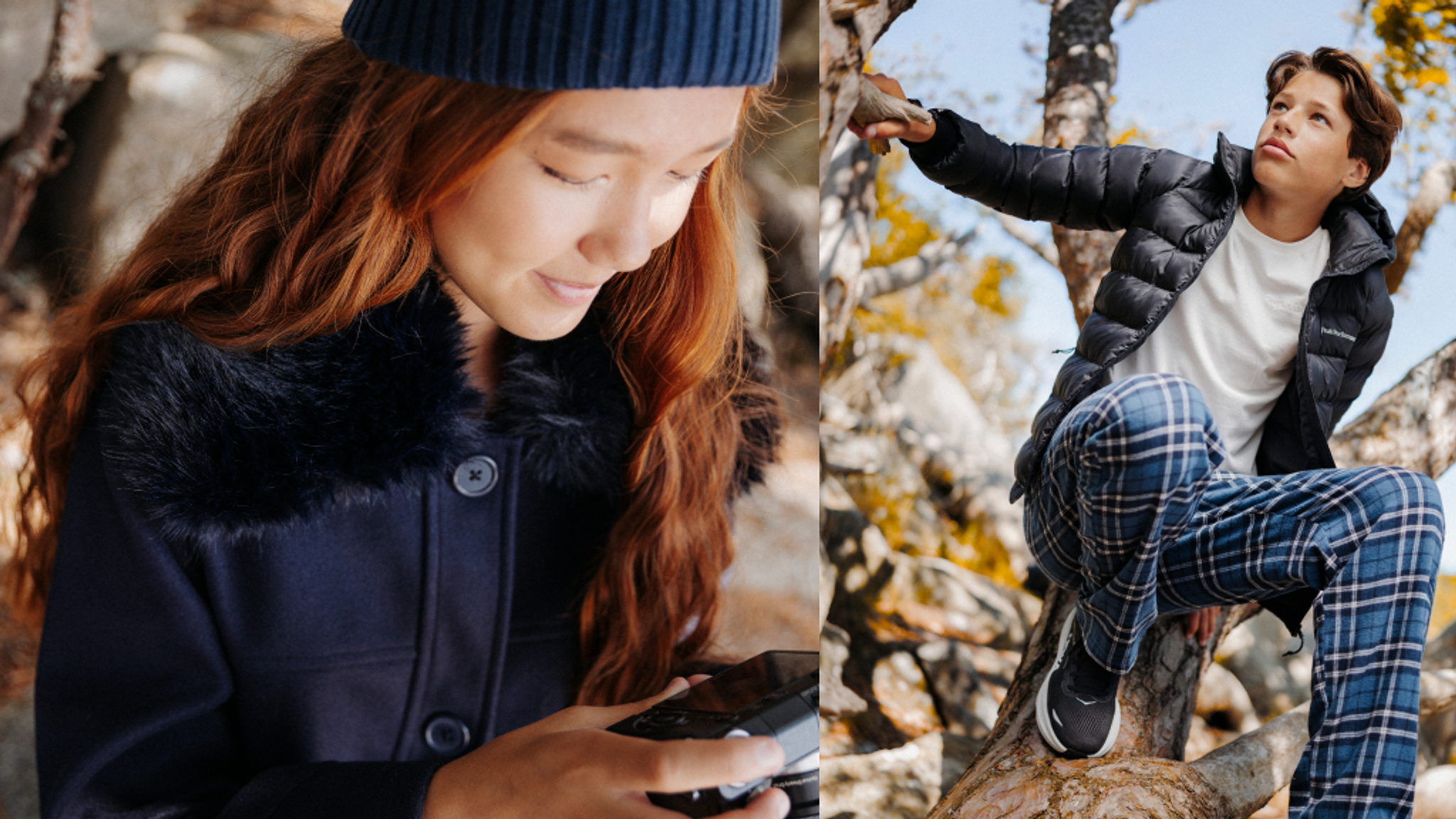 Two young people outdoors in fall. A woman looks at a device, and a man perches on a tree.