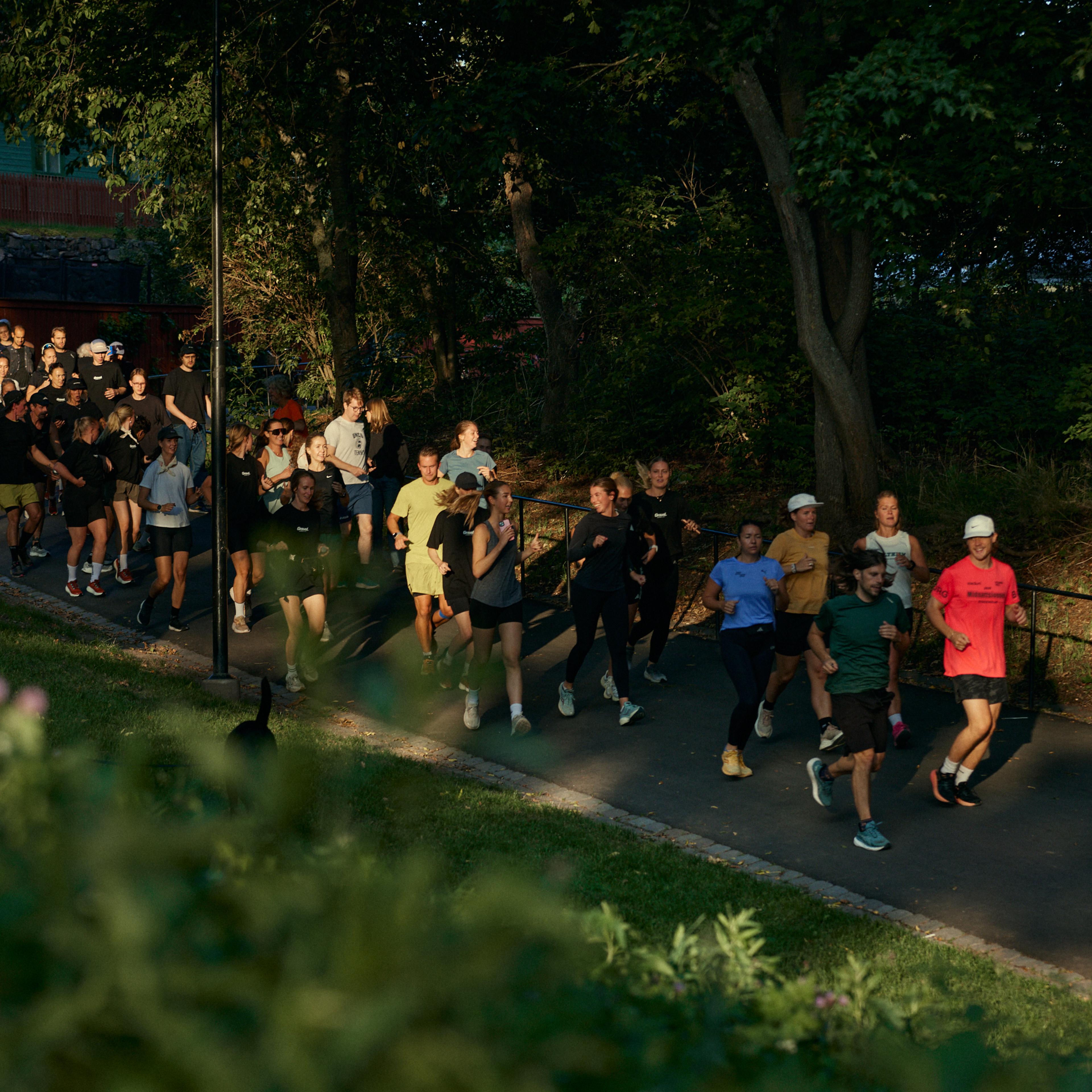 a group of people are running down a path in a park .