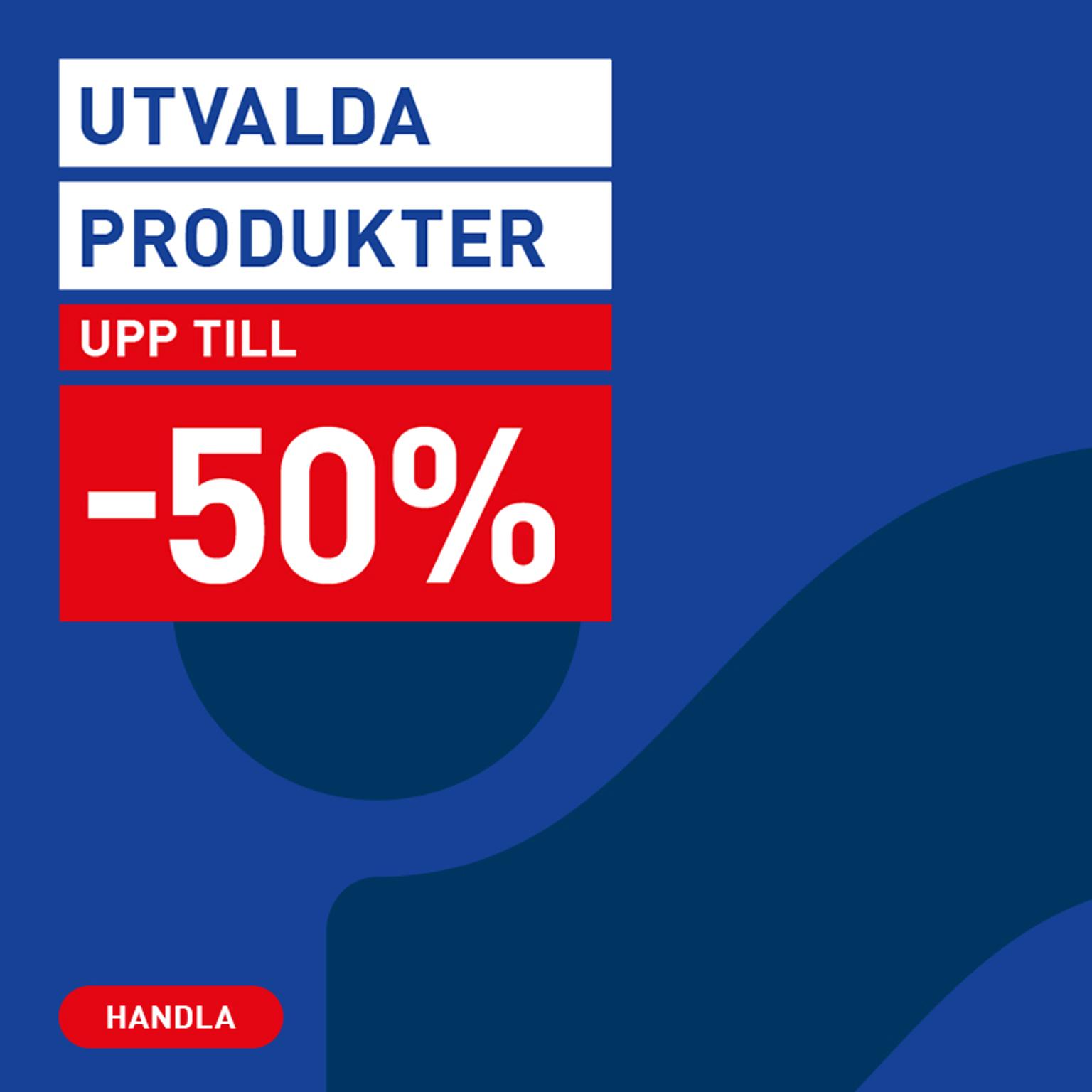 Advertisement for "Selected Products" with "Up to -50%" off and a "Shop" button.